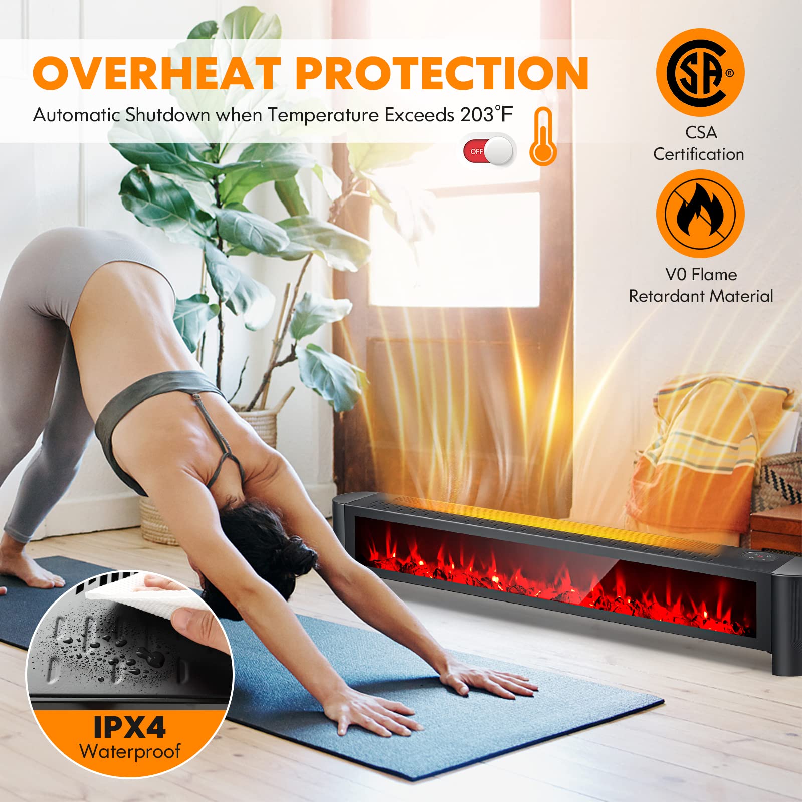 Tangkula 1400W Electric Baseboard Heater with Remote Control - 6 Adjustable 3D Flame Effects, Built-in Thermostat & Timer - Overheat & Waterproof Protection (IPX4) - Perfect for Bedroom, Living Room & Office Heating