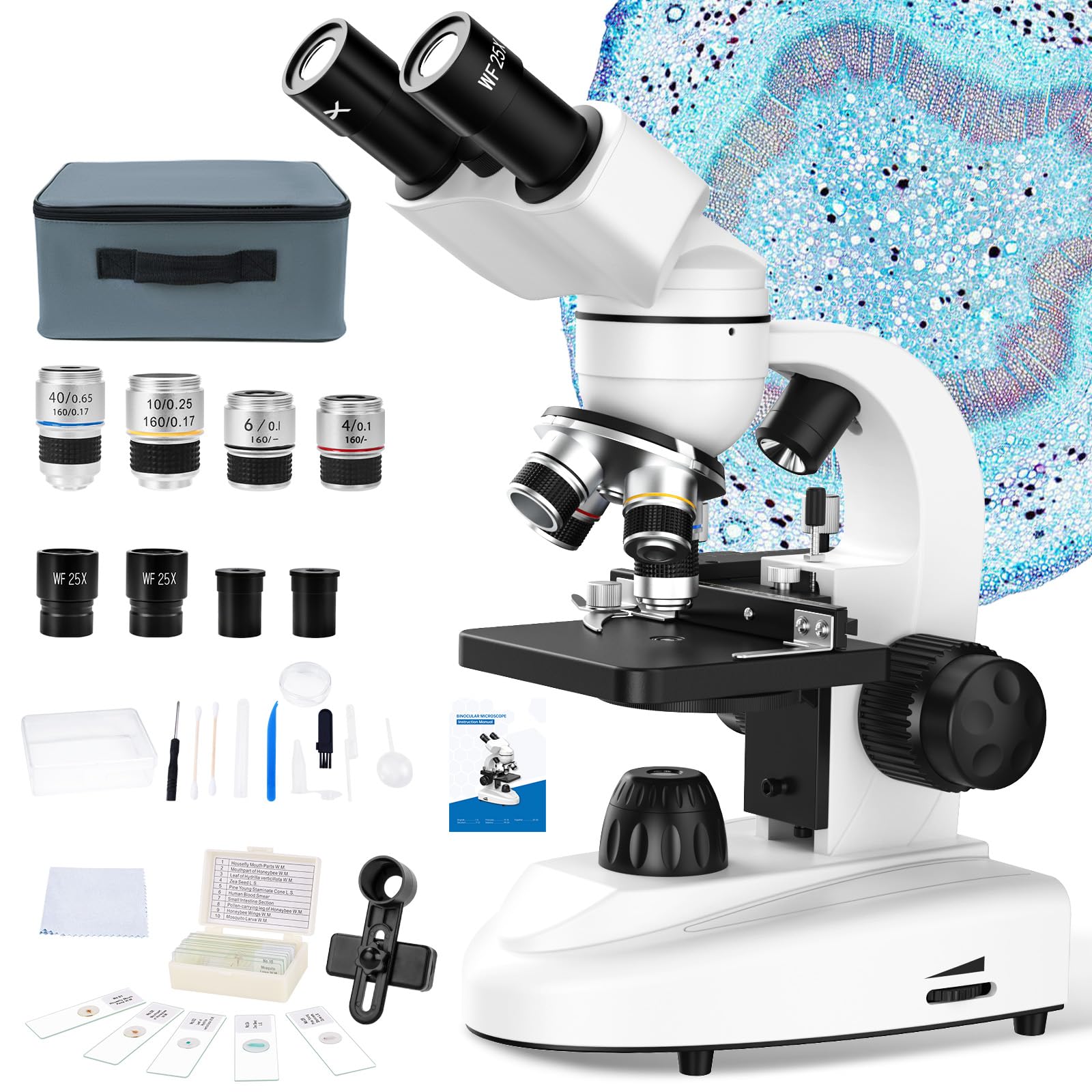 MAXLAPTER 40X-1000X Professional Binocular Compound Microscope for Adults & Kids - Dual Mechanical Stage - Ideal for Students, Lab, School & Home Education - Perfect for Biology Studies, Science Experiments & STEM Learning