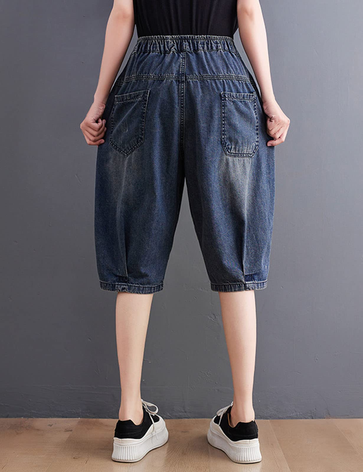 Women's Distressed Denim Shorts - Cotton Loose Fit High Waisted Elastic Waist Casual Jean Shorts | Perfect for Summer, Beach, Travel & Everyday Wear