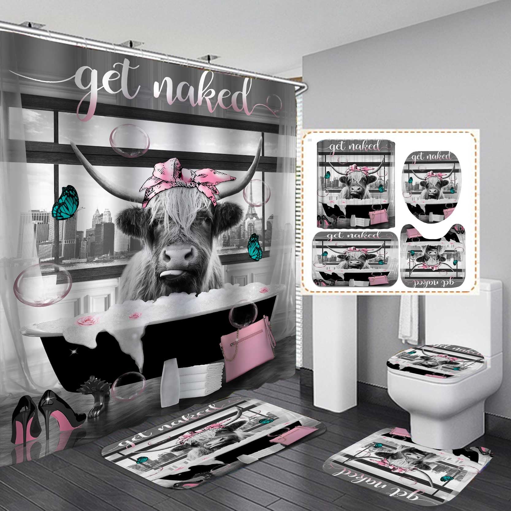 4PCS Black and White Highland Cow Shower Curtain Set with Funny Quote - Non-Slip Bath Mat & Eiffel Tower Decor | Modern Bathroom Accessories for Farmhouse, Glam, or Parisian Style Homes