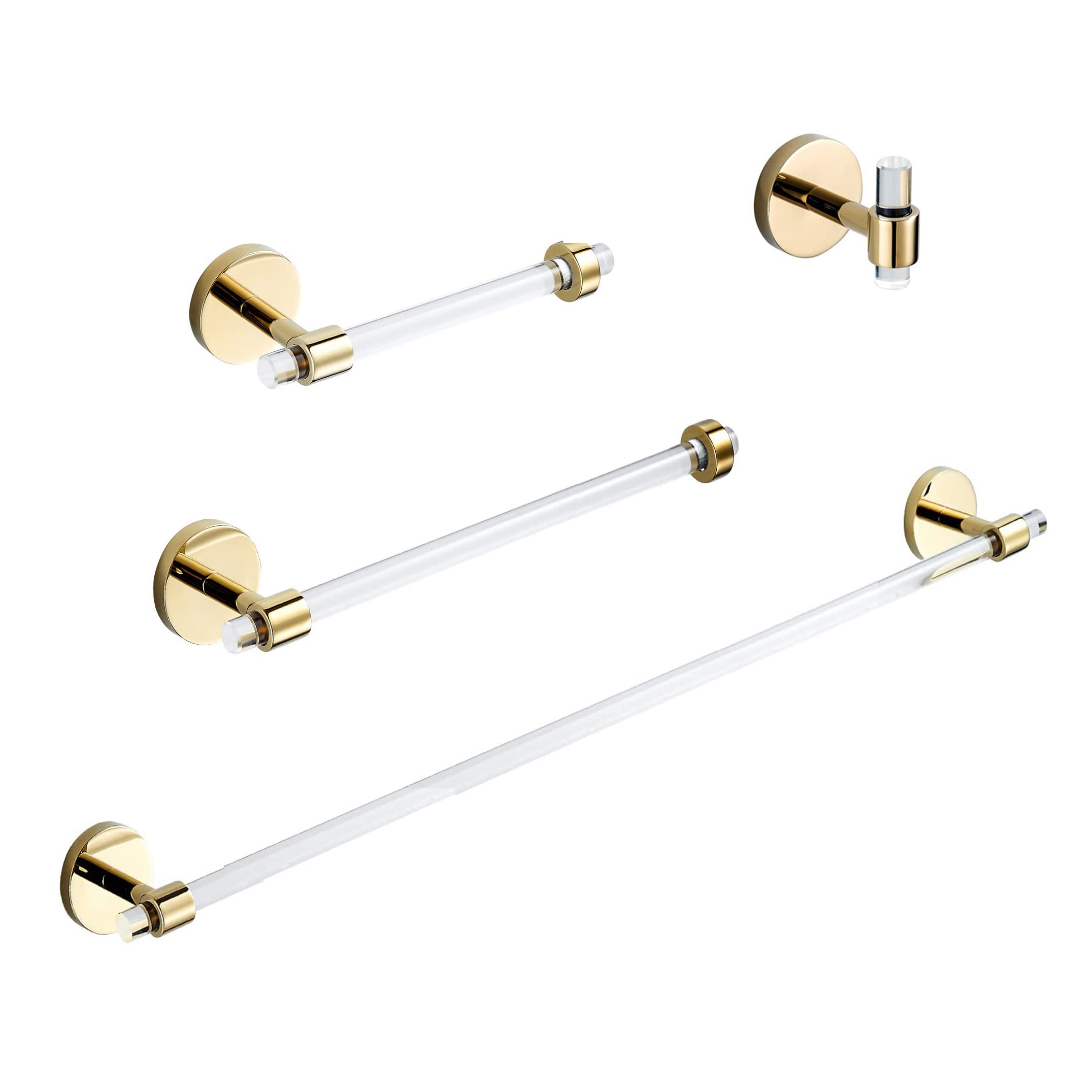 WOLIBEER Gold Bathroom Hardware Set - 4 Piece Acrylic Wall Mounted Toilet Paper Holder, Towel Hook & Bar for Modern Bathroom Decor | Stylish & Durable Bath Accessories for Home, Hotel, or Spa