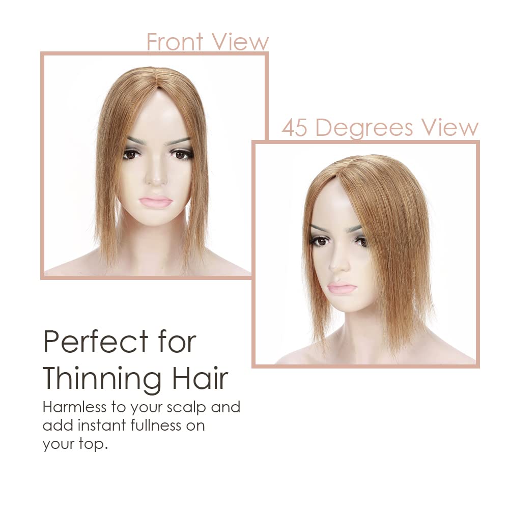 MY-LADY Human Hair Toppers for Women - 150% Density Remy Hair Topper with Silk Base (7x13cm, No Bangs) - Clip in Hair Piece for Thinning Hair - 12 Inch Straight Hair Topper in #27 Dark Blonde - Perfect for Daily Wear, Special Occasions & Hair Loss Solutions