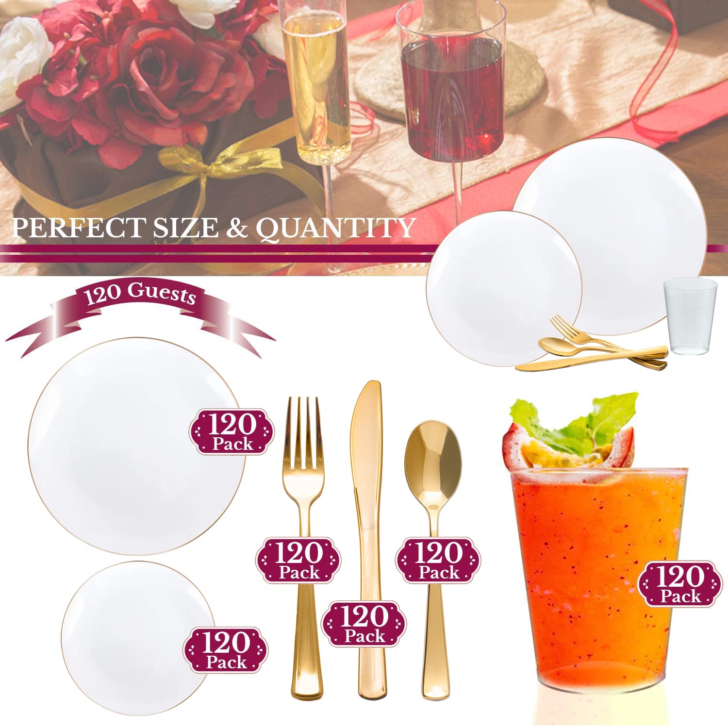 Eco-Friendly Disposable Plastic Plates with Elegant Gold Rim - Bulk Round Dinnerware for Weddings, Birthdays & Special Events (White & Gold, 120-Piece Wedding Set) - Perfect for Catering, Parties, and Outdoor Gatherings