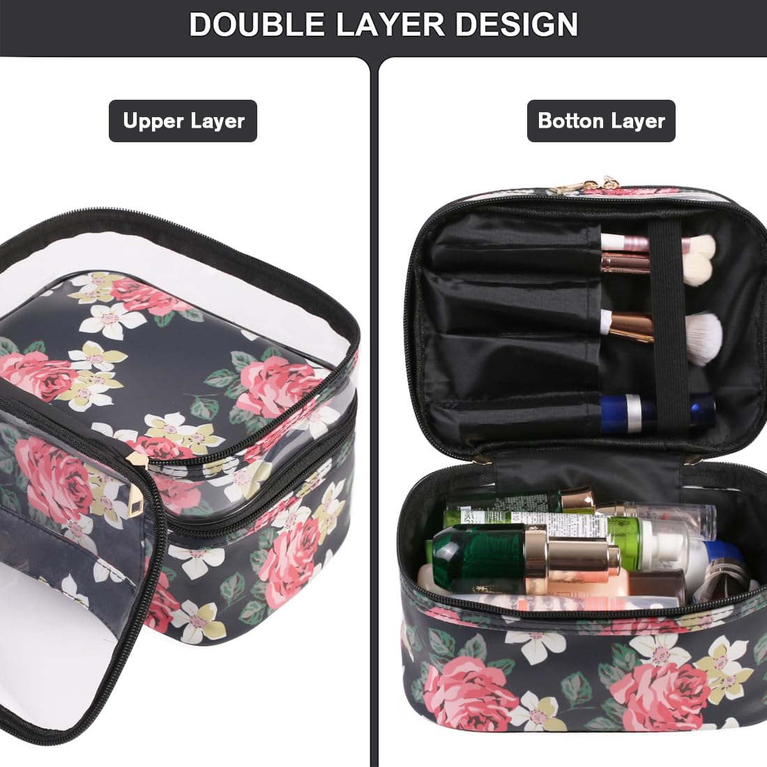 FITINI Double Layer Water-resistant Makeup Bag for Women - Travel Cosmetic Organizer with Brush Holder, Toiletry Storage Case (Black Peony) | Perfect for Travel, Gym, and Daily Makeup Organization