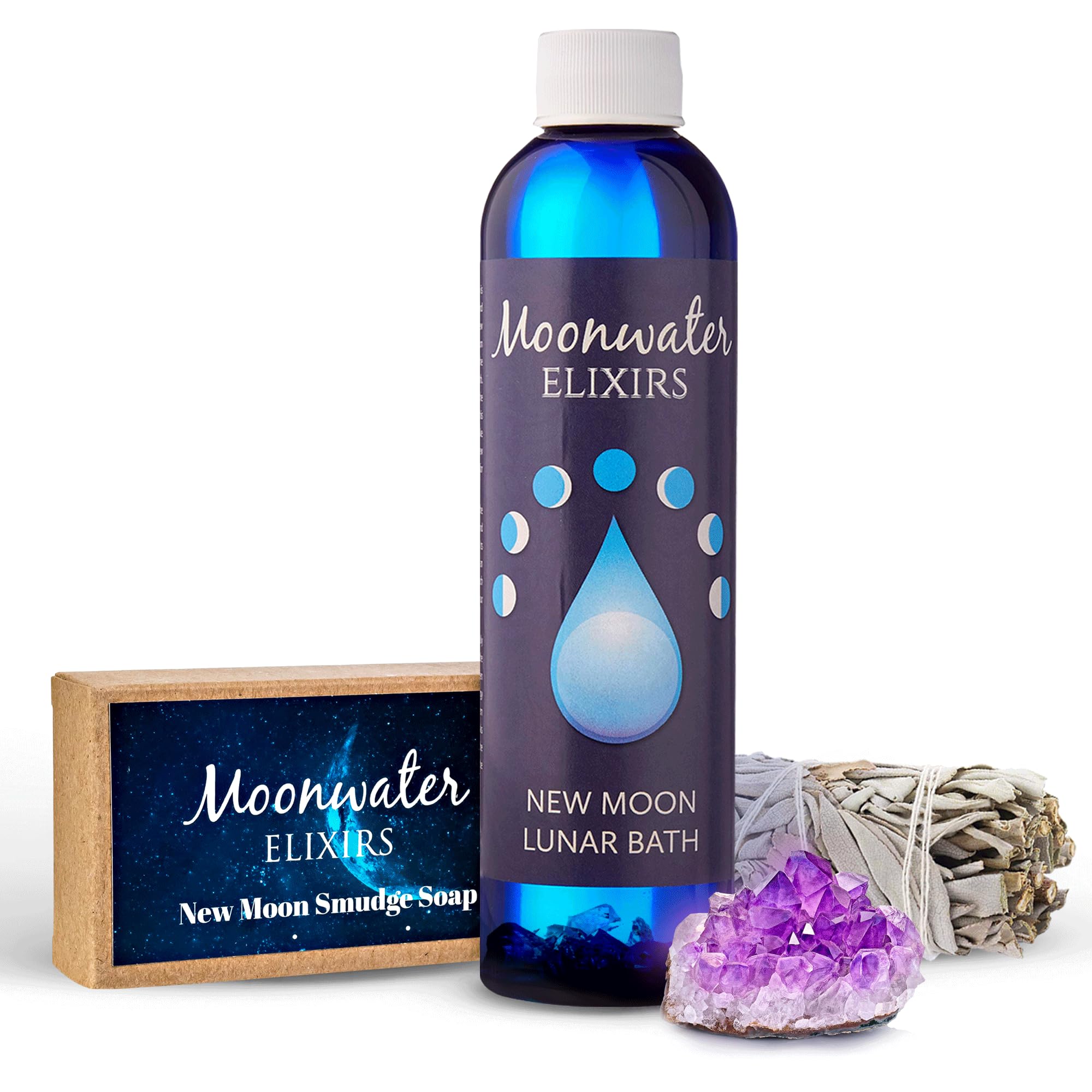 Aura Cleansing Lunar Bath Oil & Smudge Kit with Reiki - New Moon Elixir for Energy Clearing | Spiritual Protection from Negative Energy | Positive Energy Ritual Set | Sacred Space Cleanse by Moonwater Elixirs | Perfect for Meditation, Yoga & Home Blessing Ceremonies