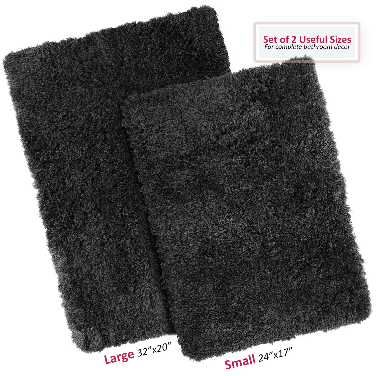 Clara Clark Ultra Soft Shaggy Bathroom Rugs - Non-Slip Rubber Backing Machine Washable Bath Mats Set of 2, Black - Perfect for Bathroom, Bedroom & Spa Decor