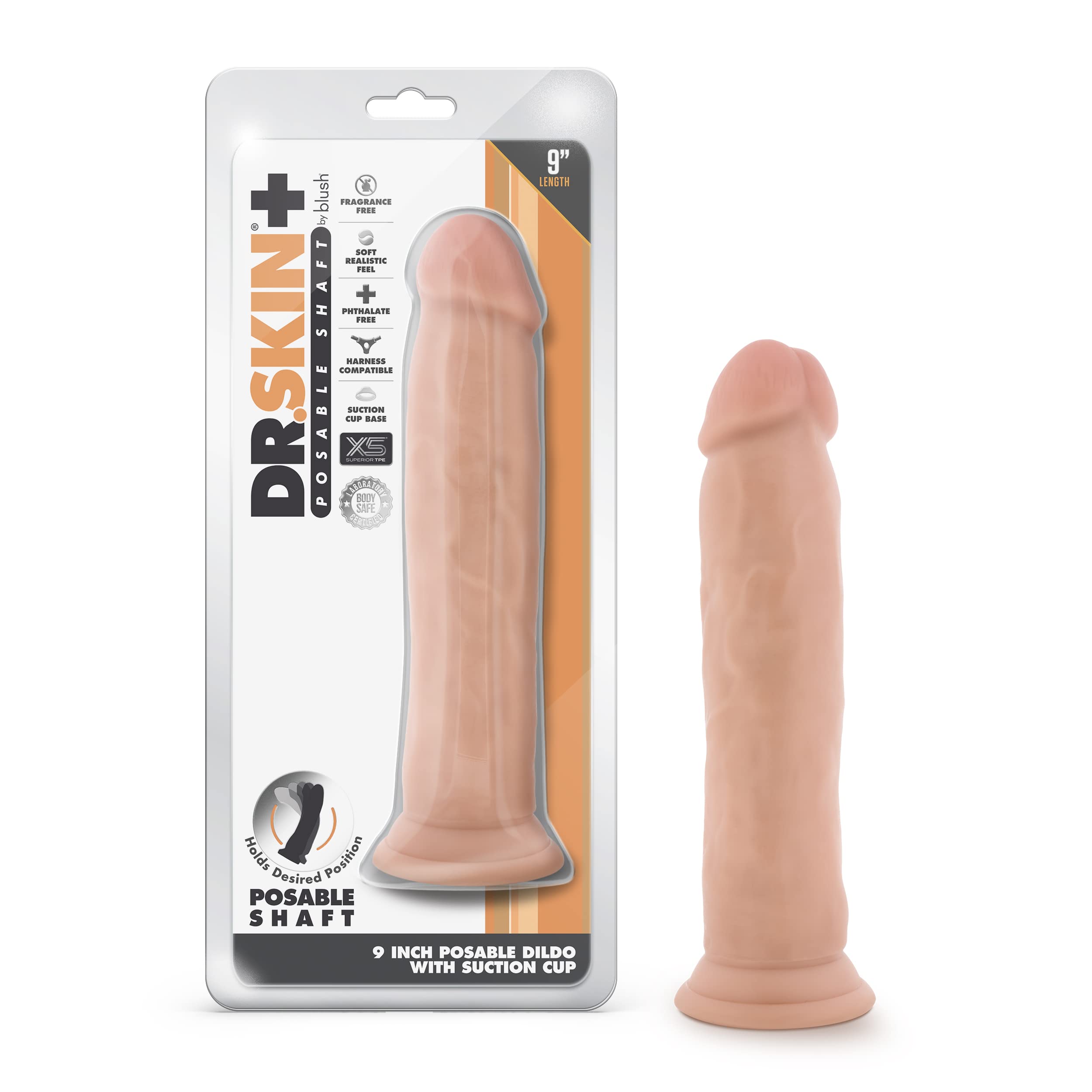 Realistic Triple Density Dildo - 9.25 Inch Length, 2 Inch Width - Dr. Skin Plus Posable with Sturdy Suction Cup Base | Hands-Free Play, Harness Compatible | Perfect for Solo Play, Couples & BDSM Scenes