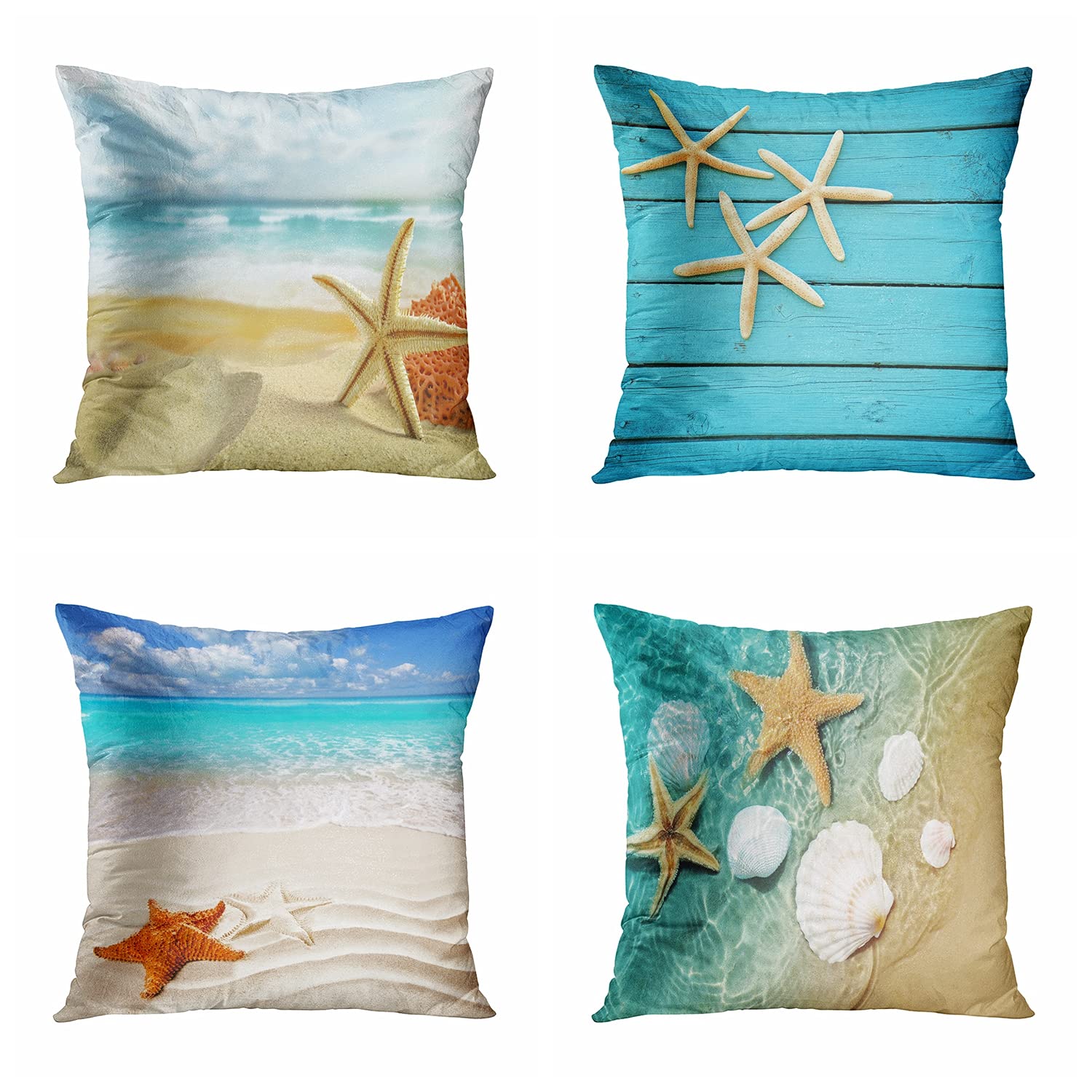 4 Pack 20x20 Inch Summer Starfish and Shells Throw Pillow Covers - Decorative Square Cushion Covers for Sofa, Bed, Couch - Coastal Beach Home Decor for Living Room, Bedroom, Porch