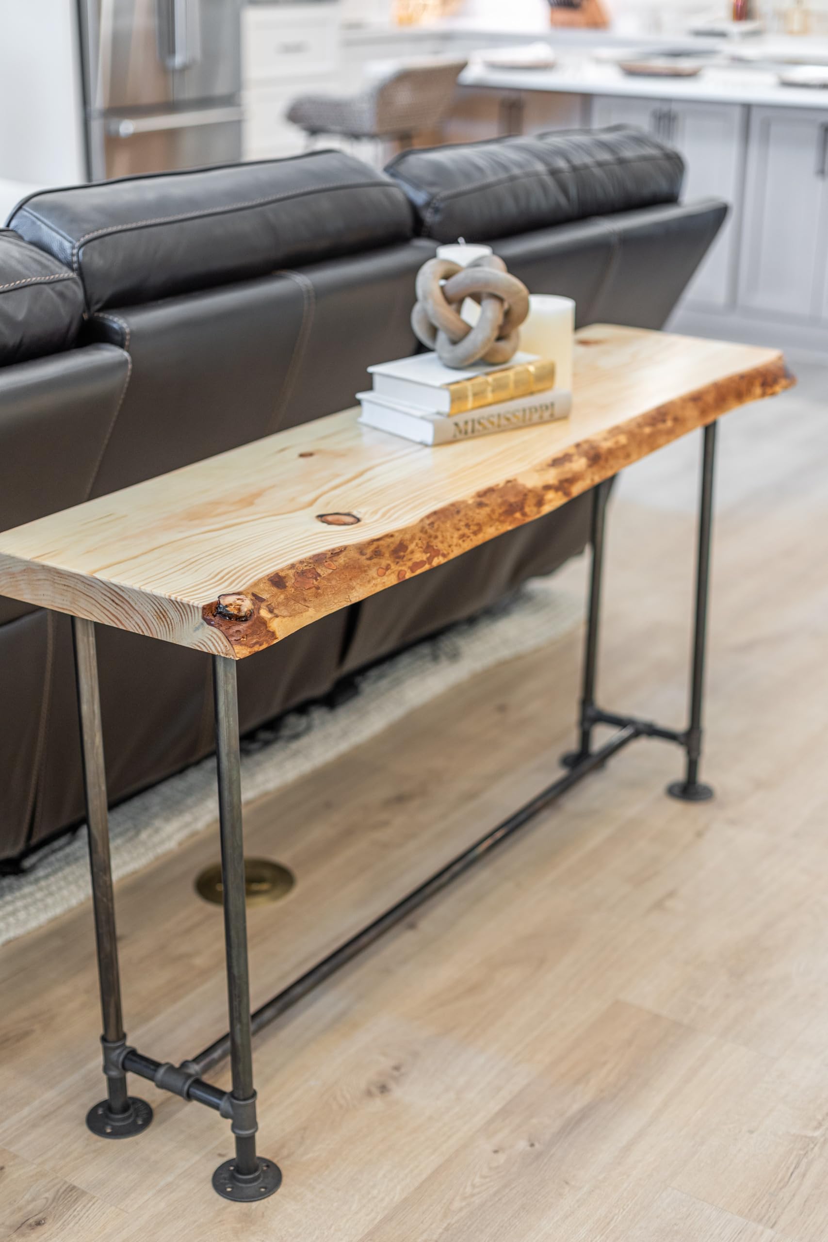 Rustic Industrial Pipe Sofa Table - Unfinished Live Edge Wood Console Table for Entryway, Living Room, or Behind Couch - Perfect for Farmhouse & Industrial Home Decor