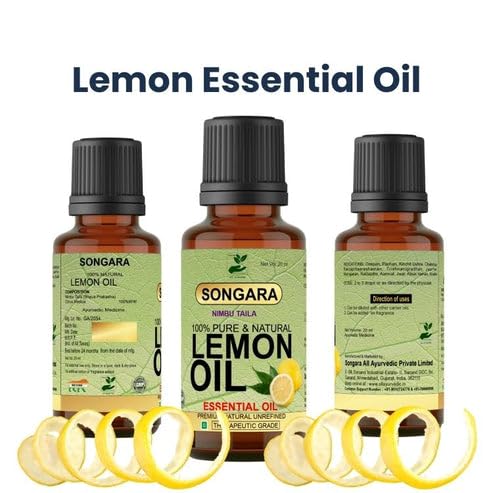 Songara 100% Pure Natural Lemon Essential Oil for Skin & Hair - Ayurvedic Scalp Treatment, Face & Body Revitalizer - 20ml (1 Pack) - Perfect for Aromatherapy, Massage & DIY Beauty Recipes