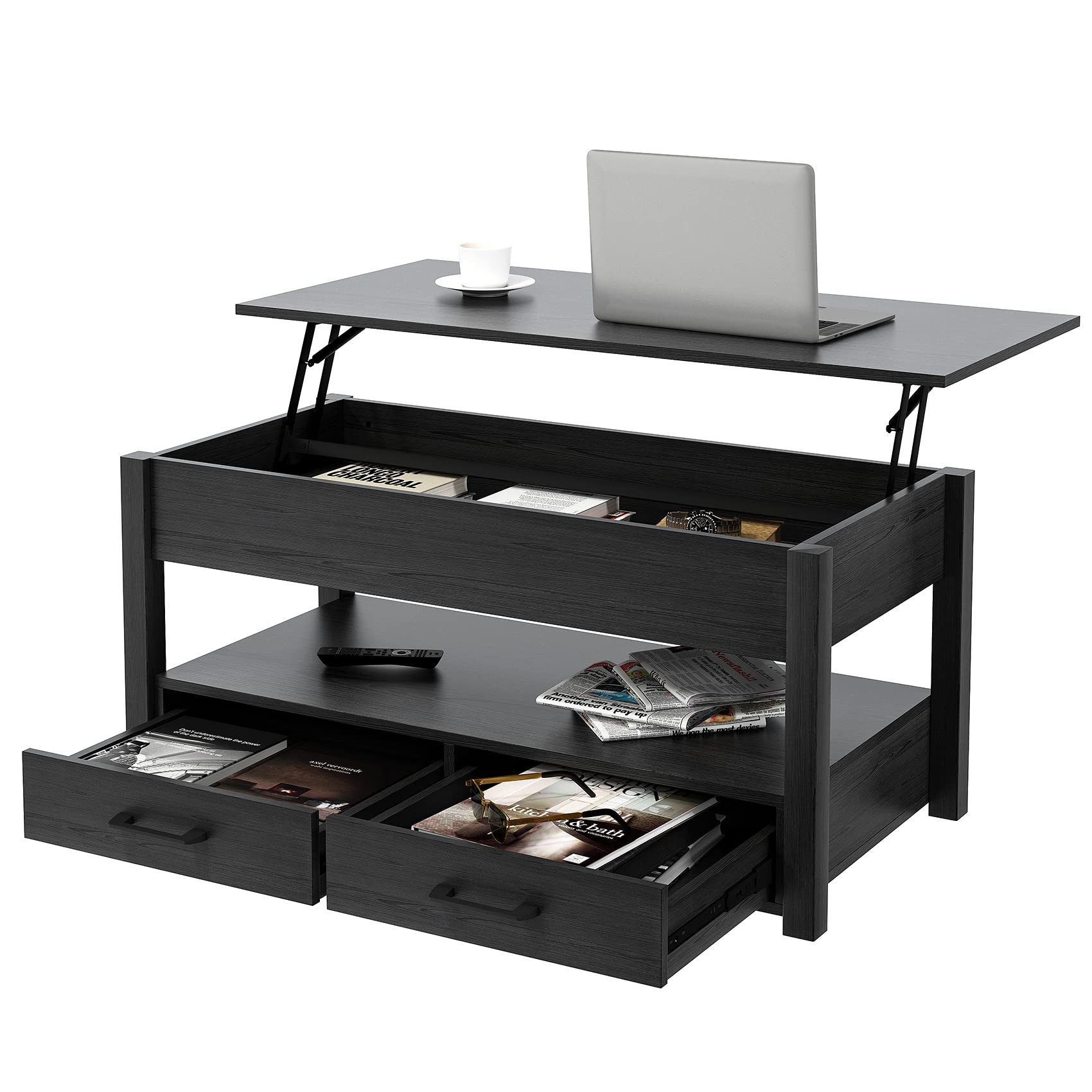 Lift Top Coffee Table with Storage Drawers - Adjustable Wooden Coffee Table for Living Room, Home & Office - Black - Perfect for Small Spaces, Movie Nights & Extra Storage