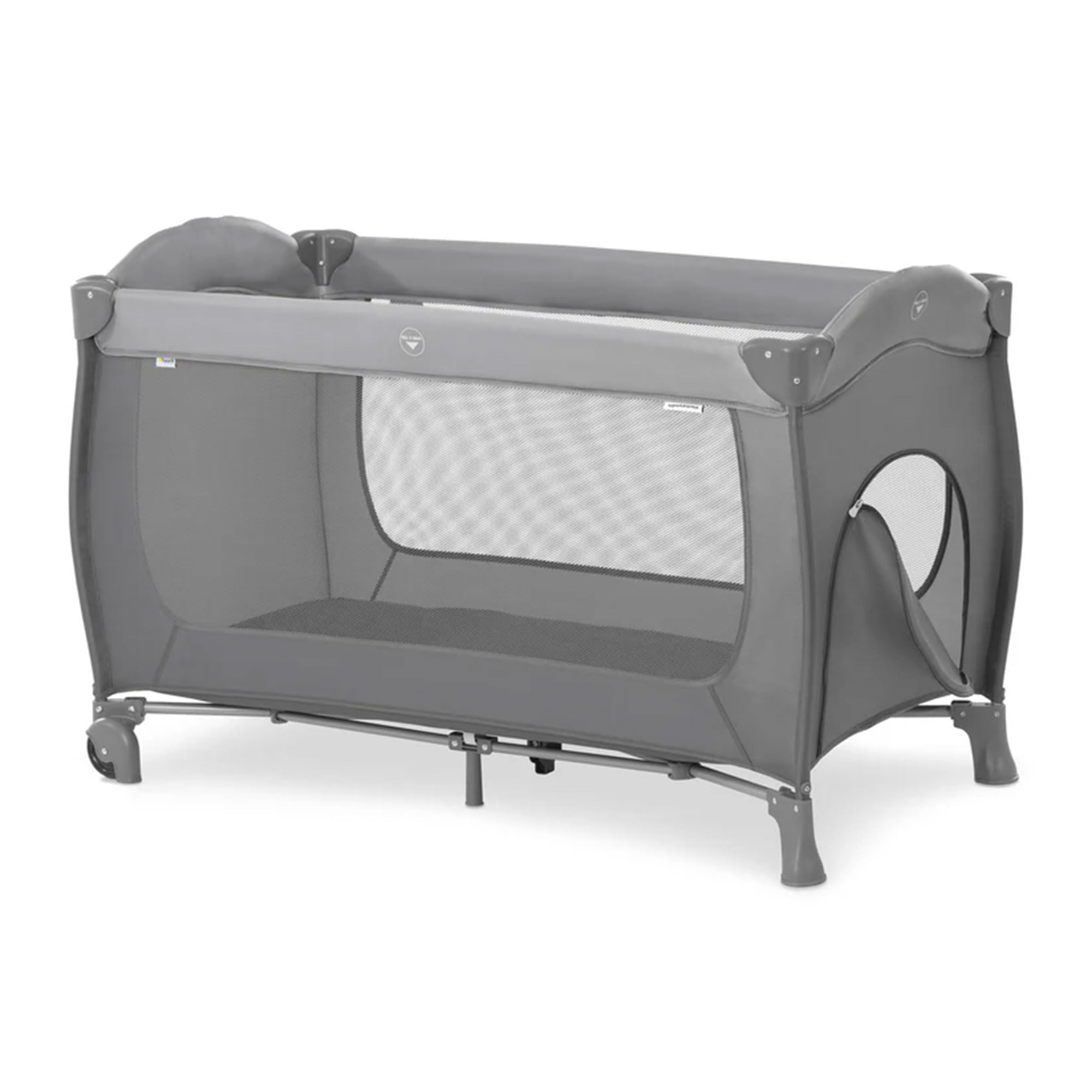 Hauck Sleep N Play Go Plus Portable Baby Travel Cot with Wheels - Lightweight Folding Crib with Mattress, Large Mesh Windows & Side Door for Infants & Toddlers (Gray) - Perfect for Travel, Nursery & Daycare Use