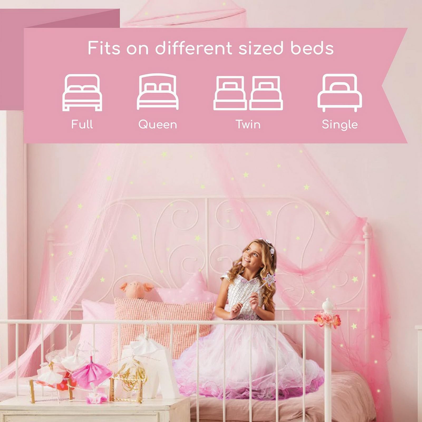 Princess Bed Canopy with Fluorescent Stars - Round Dome Bed Curtain Net for Twin, Full, Queen & King Size Beds in Blue | Perfect for Girls' Bedroom Decor & Fantasy Sleep Space