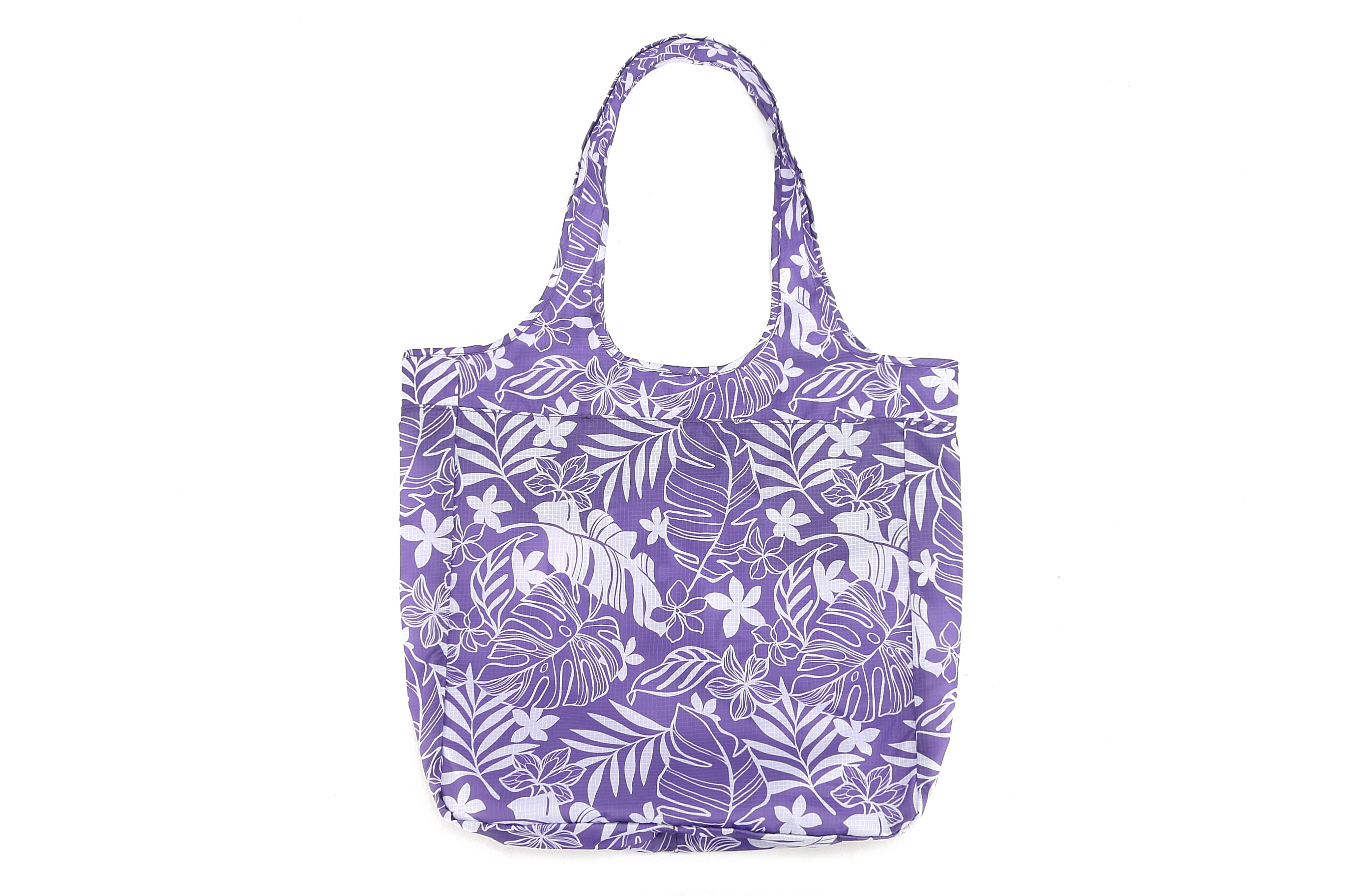 Foldable Reusable Shopping Bag - Jacqueline Plumeria Monstera Leaf Print in Purple | Eco-Friendly Grocery Tote for Shopping, Beach, Travel & Daily Use