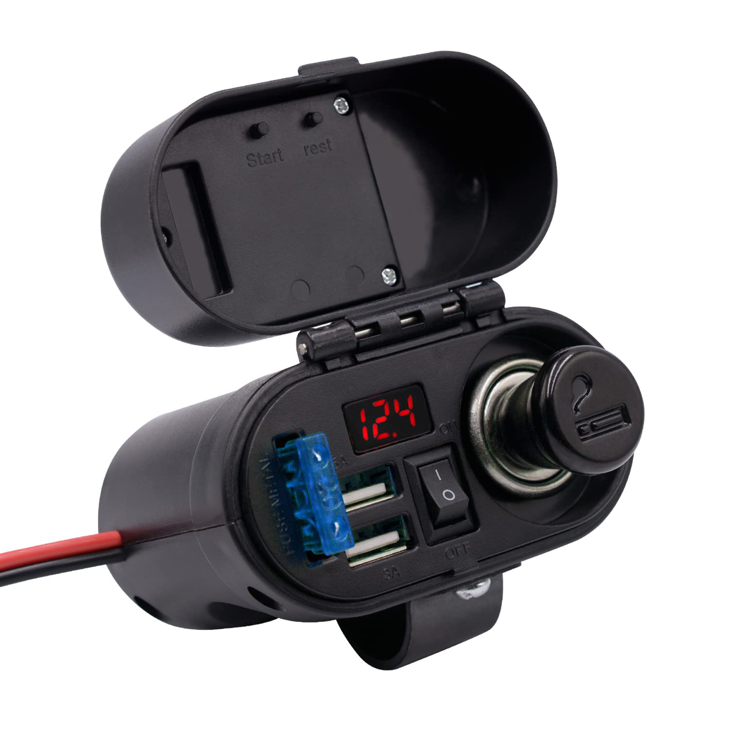 5V/3A Dual USB Charger Socket - Waterproof Motorcycle Handlebar & Rear View Mirror Mount - Cigarette Lighter Power Adapter with Voltmeter - Compatible with Phones, Tablets, GPS (Black) - Perfect for Long Rides & Outdoor Adventures