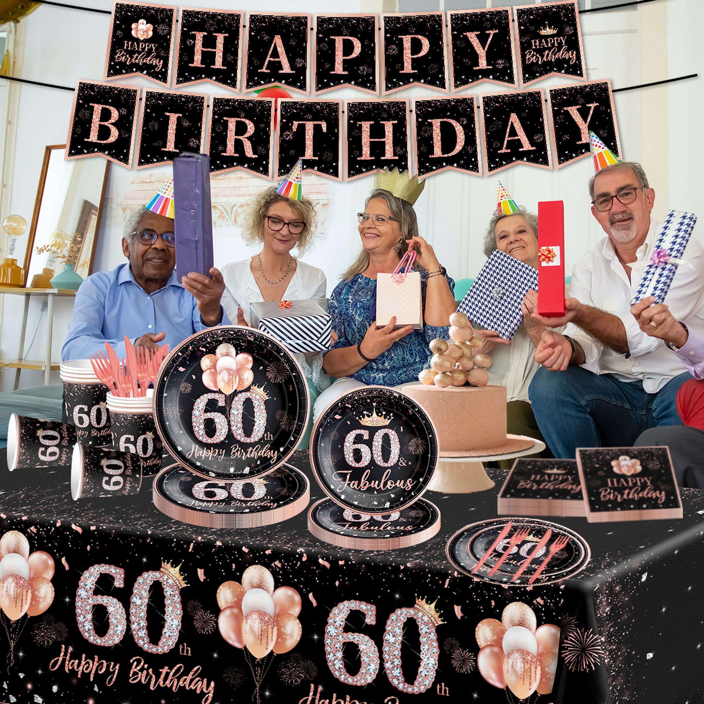 142Pcs Rose Gold 60th Birthday Party Tableware Set - Disposable Tablecloth, Plates, Napkins, Cups, Forks & Knives for Women's 60 Years Old Celebration - Perfect for Themed Decorations, Retirement Parties & Milestone Birthday Events