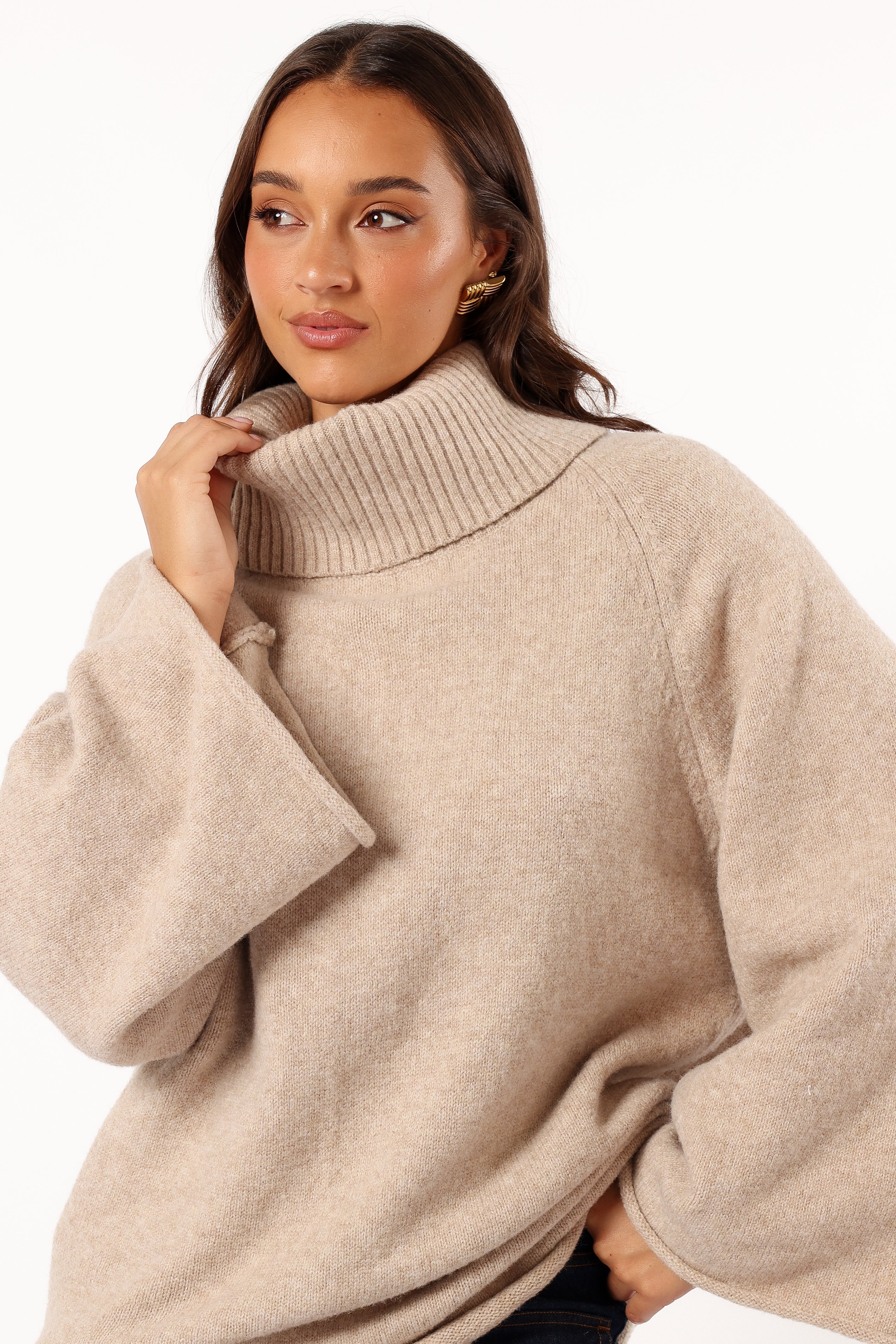 Bindy Cowlneck Knit Sweater Women's Winter Pullover - Soft Oatmeal Cable Knit Turtleneck Top for Casual Outfits & Office Wear