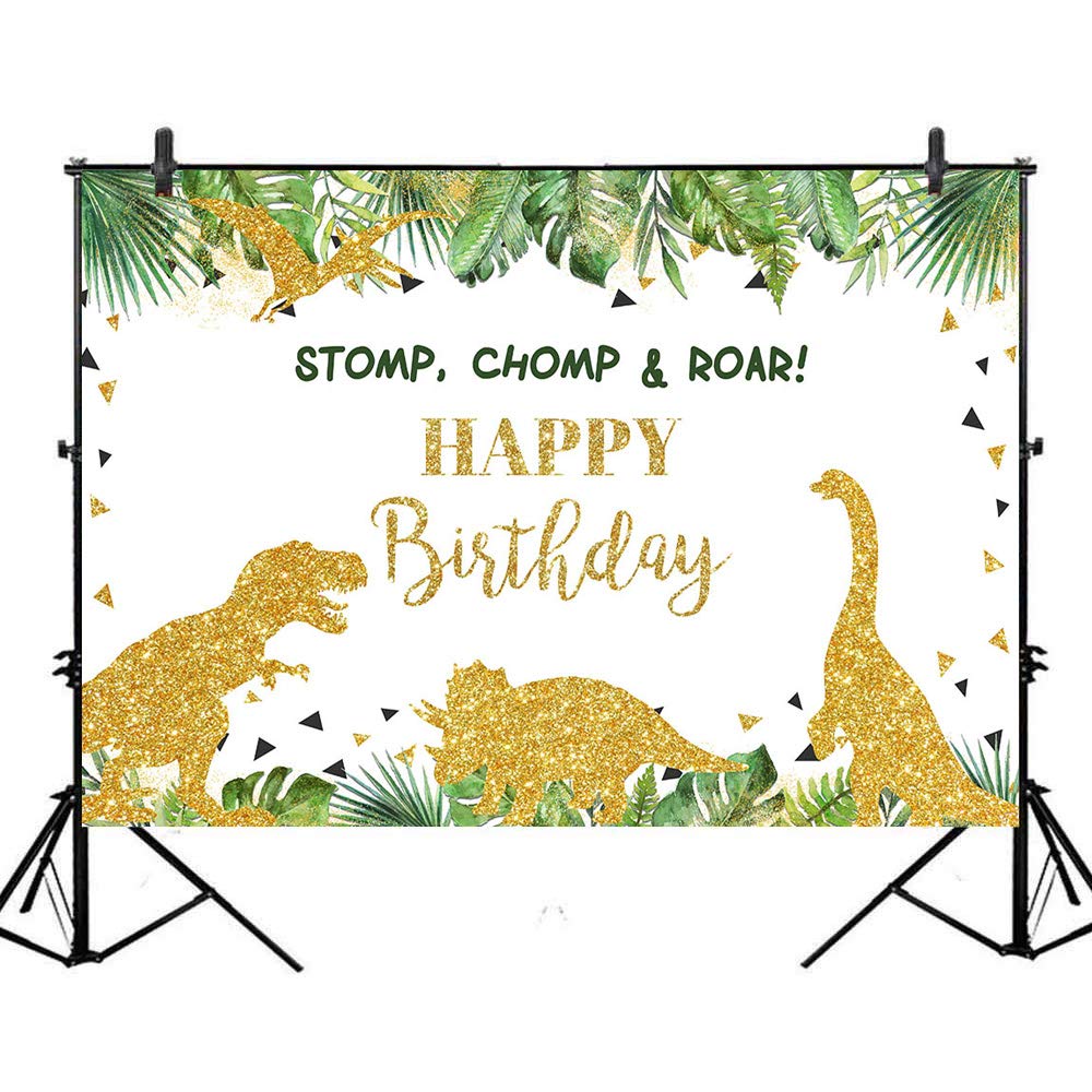 **Avezano 7x5ft Gold Safari Dinosaur Birthday Backdrop - Jungle Dino Party Background Vinyl Glitter Decor for Happy Birthday, Baby Shower & Kids Room Decoration**