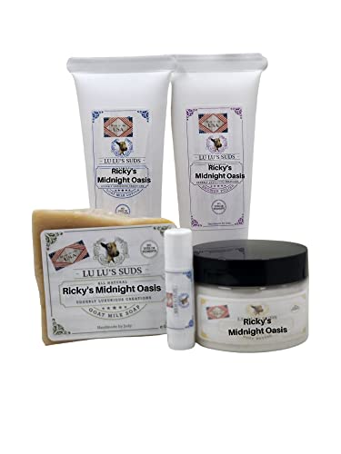 Lu Lu's Sud's All-Natural Goat Milk Soap & Skincare Gift Set - 5oz Goat Milk Soap, 4oz Lotion, Body Butter, Shower Polish & Lip Balm (Ricky’s Midnight Oasis Scent) | Perfect for Spa Day, Self-Care & Holiday Gifts