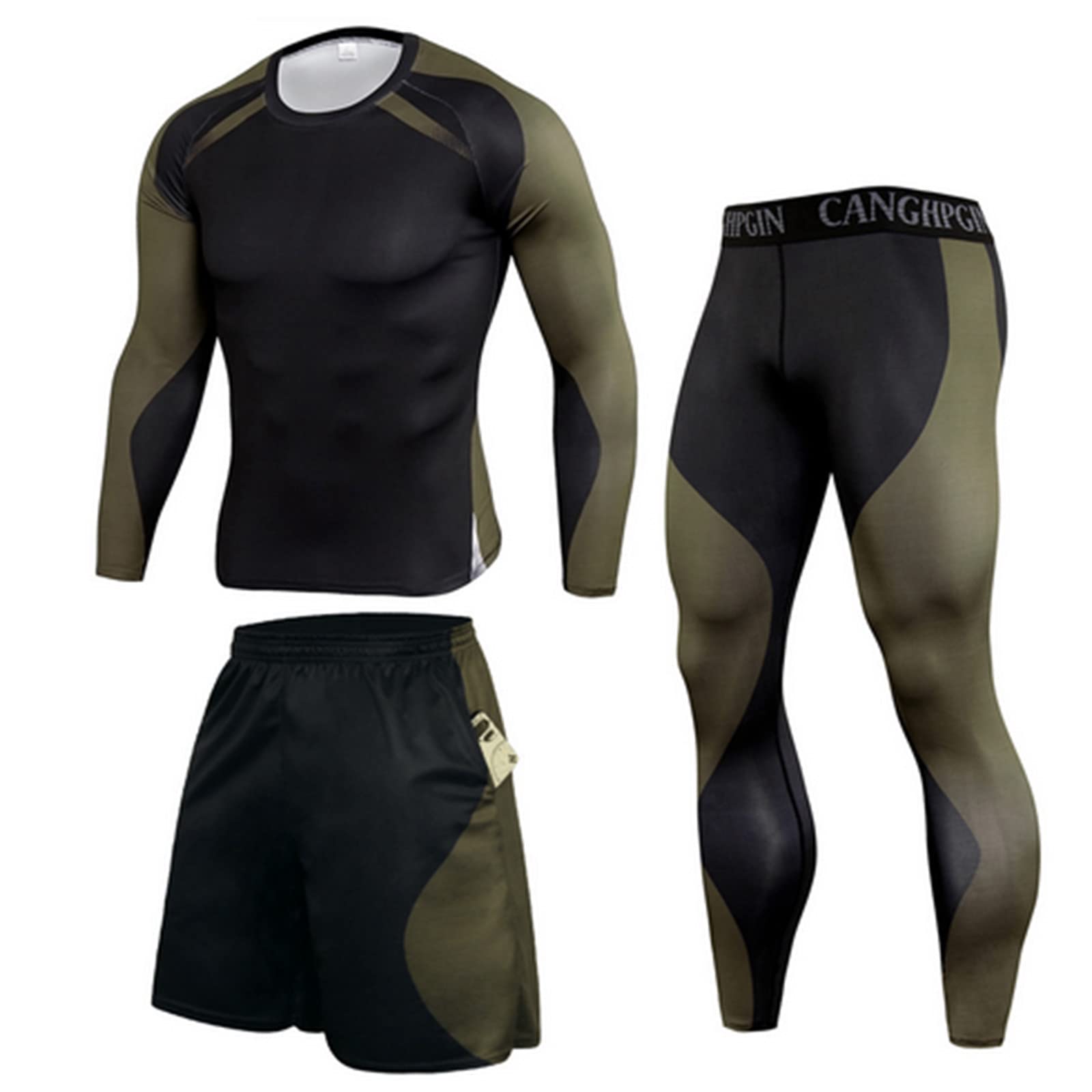3Pcs Men's Compression Workout Set - Long Sleeve Shirt, Pants & Shorts for Fitness, Running & Gym Training - Moisture Wicking Sports Jersey Tops & Bottom Outfit for Active Lifestyle