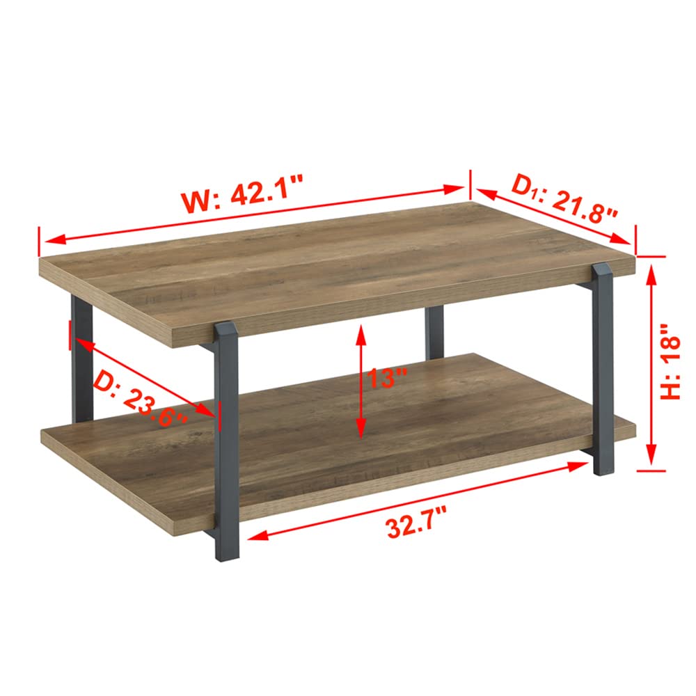 Rustic Industrial Coffee Table with Shelf - Solid Wood and Metal Cocktail Table for Living Room, Bedroom, Office - Oak Finish, Farmhouse Style Home Decor