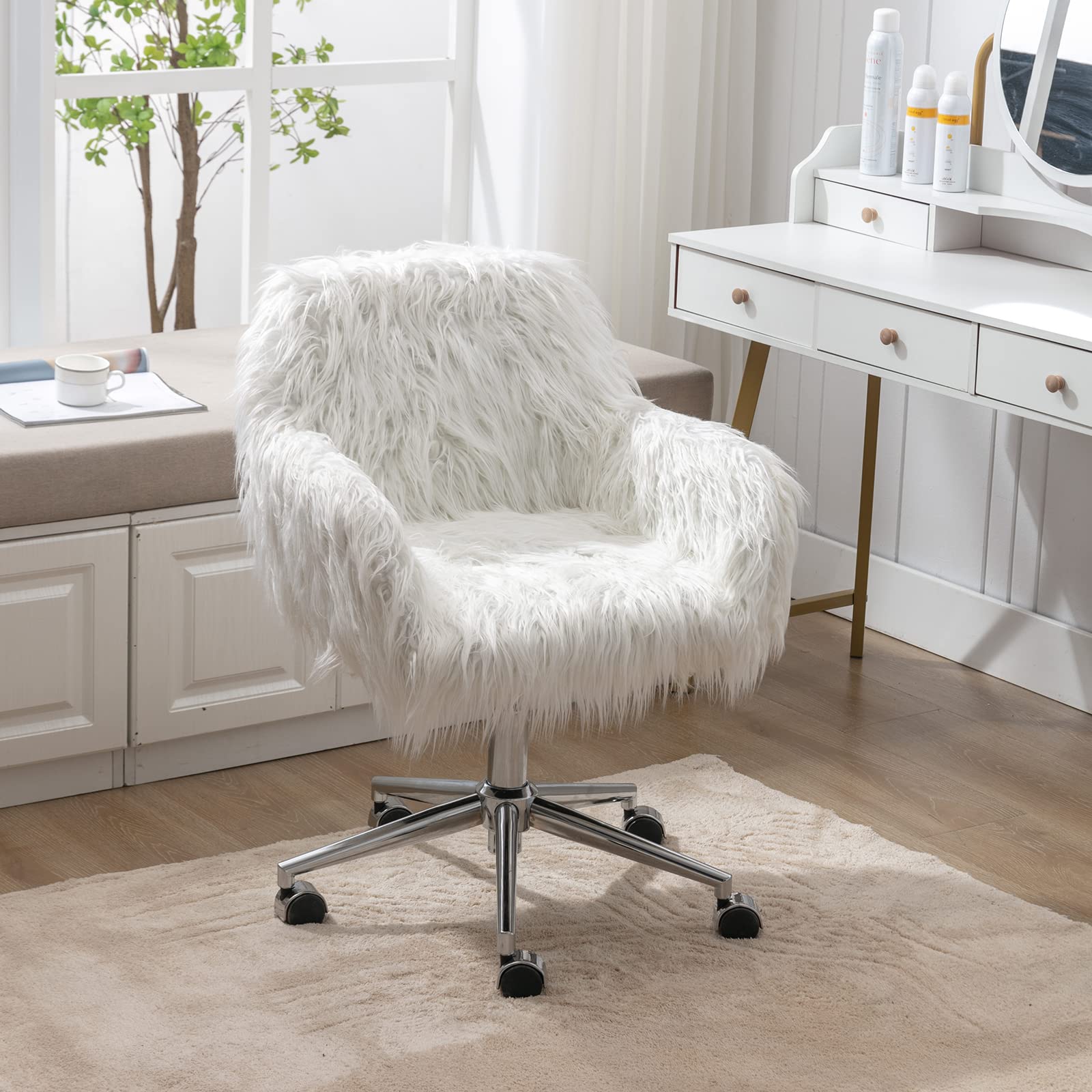 White Faux Fur Desk Chair with Wheels - Modern Adjustable Swivel Vanity Chair for Women & Girls, Ergonomic Office Task Chair with Arms - Perfect for Home Office, Bedroom, and Makeup Station (White)