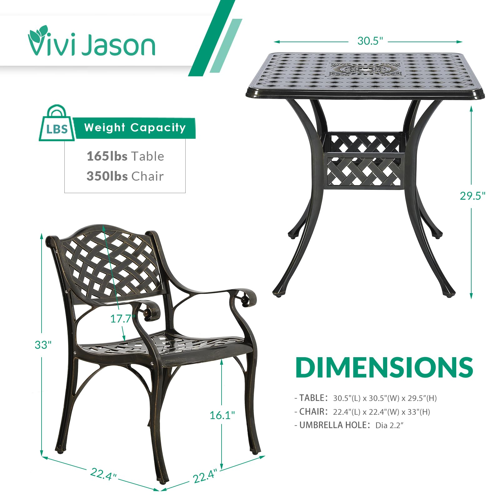 VIVIJASON 5-Piece Outdoor Patio Dining Set - All-Weather Cast Aluminum Conversation Set for Balcony, Lawn, Garden & Backyard - Includes 4 Chairs & 30.5” Square Table with Umbrella Hole - Perfect for Outdoor Entertaining, BBQ Parties & Relaxing in Your Yard