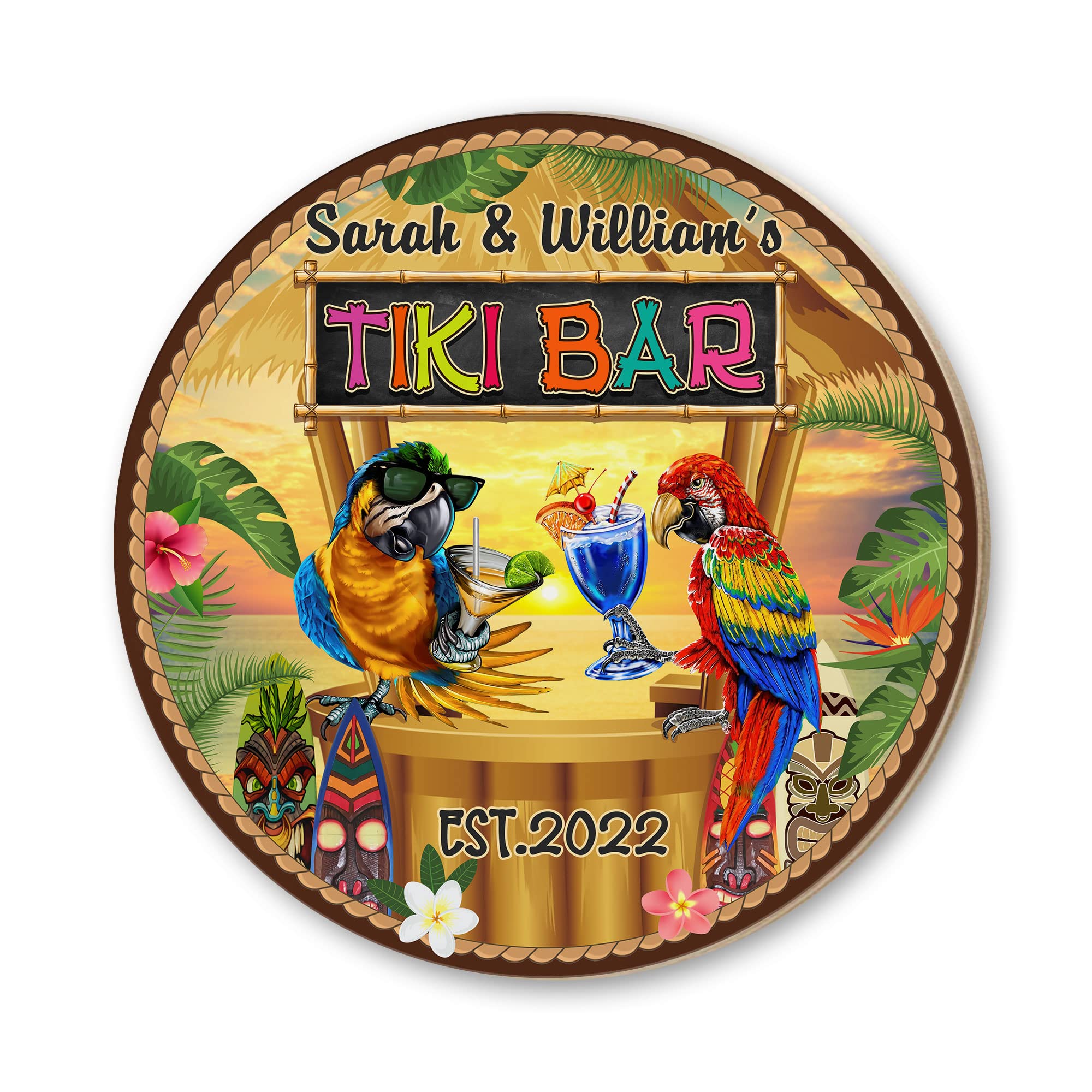 MUCHNEE Personalized Tiki Bar Wooden Sign - Custom 'Every Hour Is Happy Hour' Family Bar Decor - Beach & Seaside Tiki Bar Sign with Parrot Design - Unique Housewarming Gift & Wine Glass Sign for Home Bars, Patio Parties & Tropical Themed Events