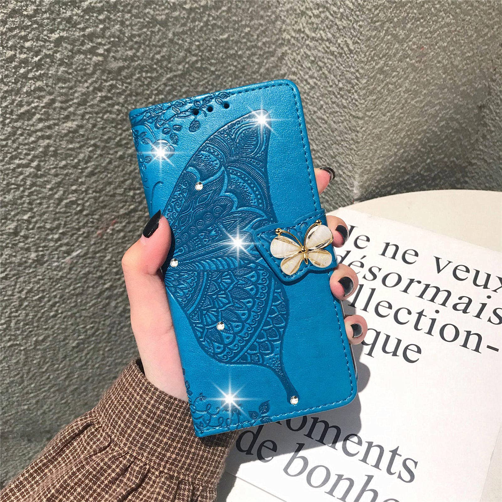 Butterfly Pattern PU Leather Wallet Case for iPhone 13 Pro Max - Magnetic Clasp & Card Holder Cover with Rhinestones (Blue) | Perfect for Everyday Use, Travel, and Secure Storage of Cards & Cash