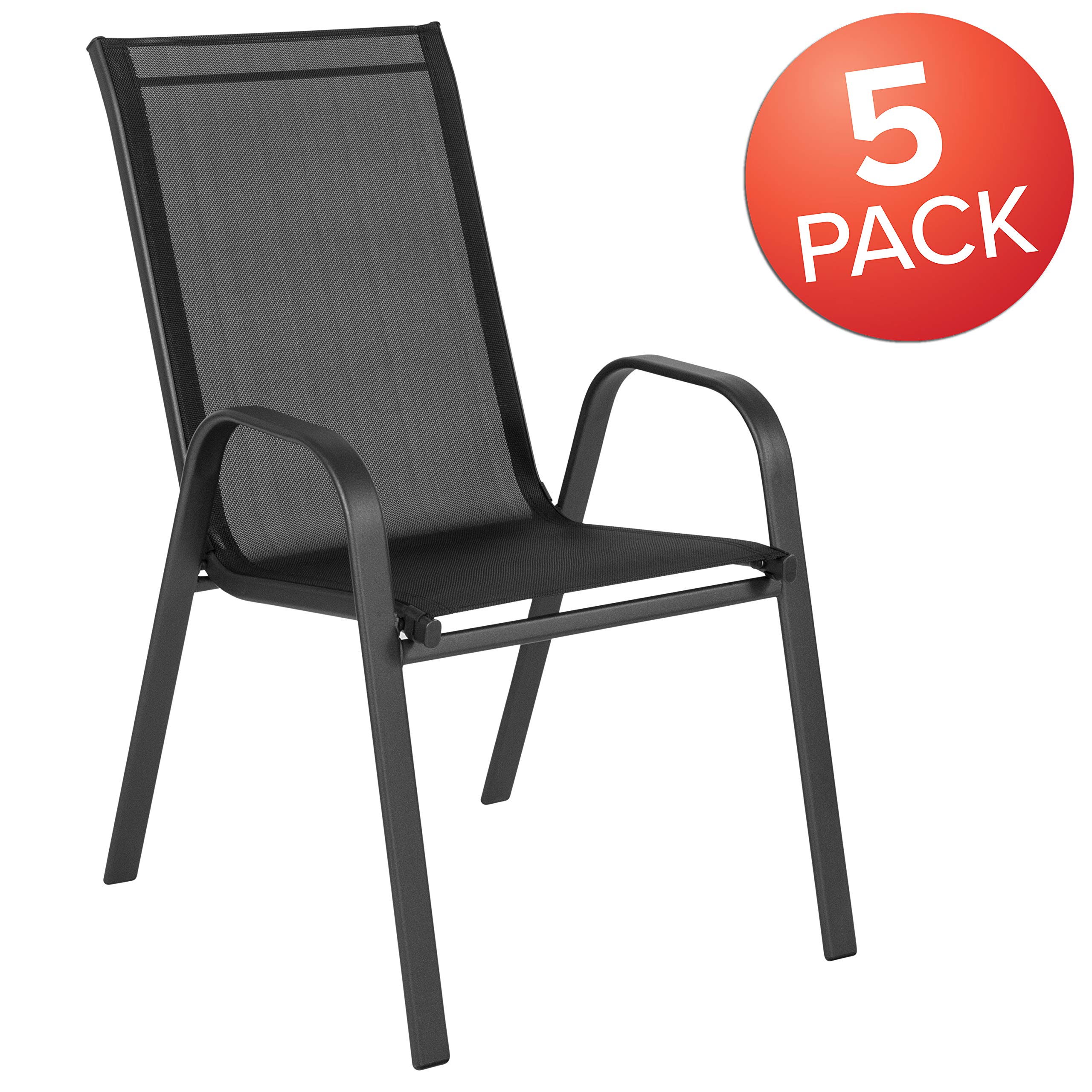 Flash Furniture Brazos Series Outdoor Stackable Patio Chairs with Flex Comfort Material - Set of 5 Black Modern Sling Chairs for Backyard, Poolside & Garden Relaxation