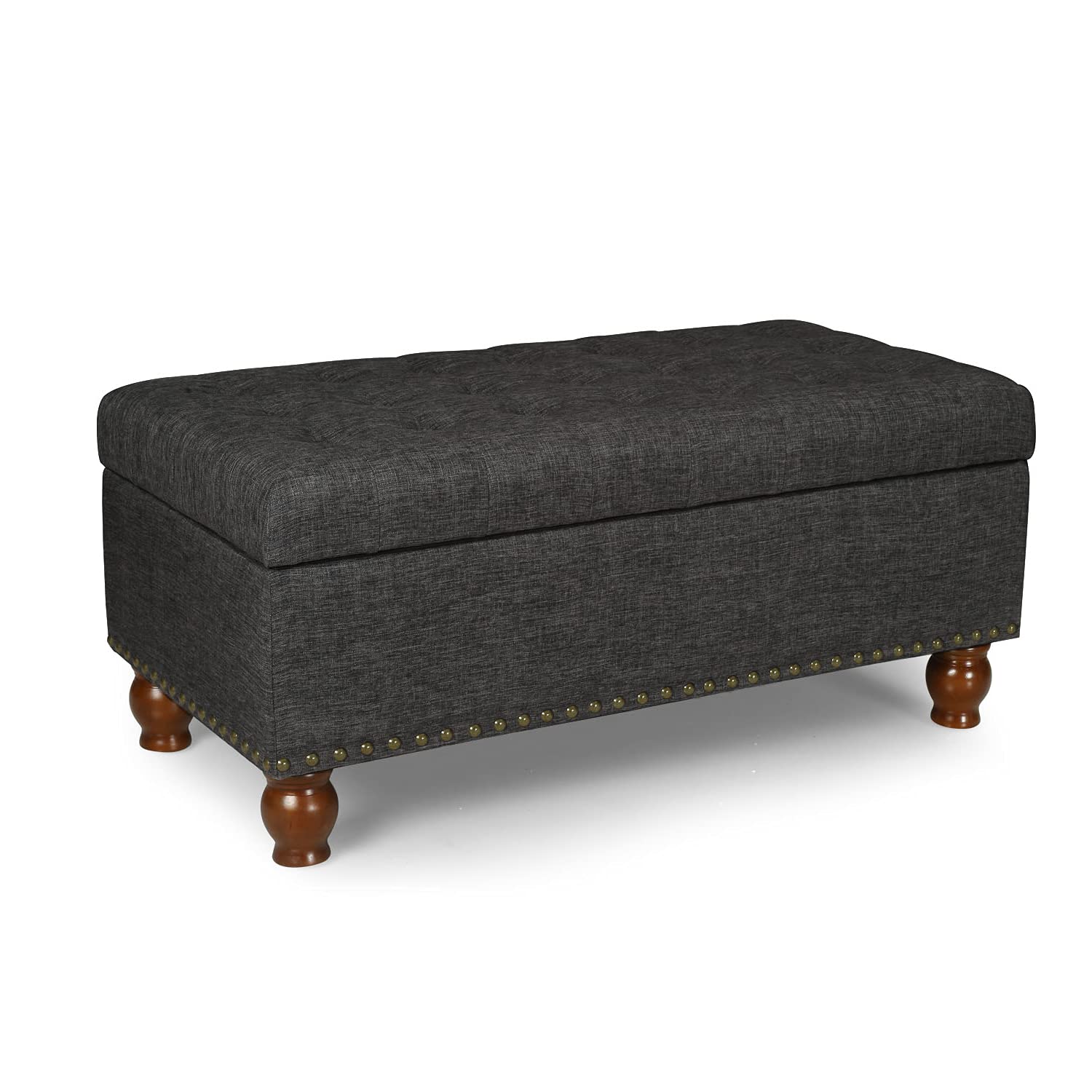 Adeco Tufted Rectangular Storage Ottoman Bench with Lift Top & Sturdy Legs - Black Grey Footstool for Living Room, Bedroom & Entryway Organization