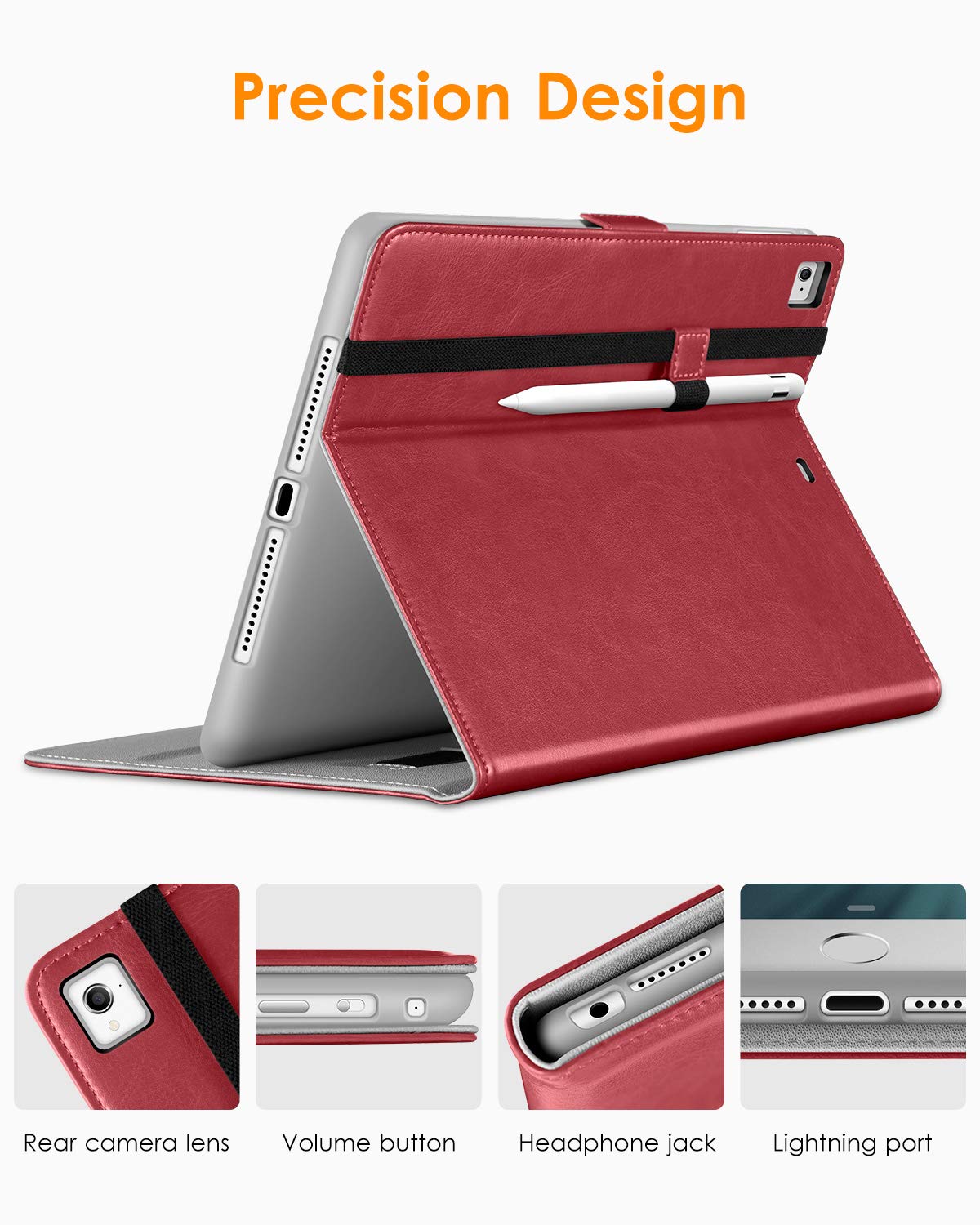 Premium Leather Folio Stand Cover Case with Apple Pencil Holder for iPad 9.7 Inch 5th/6th Gen (2018/2017) - Also Compatible with iPad Pro 9.7/Air 2/Air - Red - Perfect for Work, Study & Travel Protection