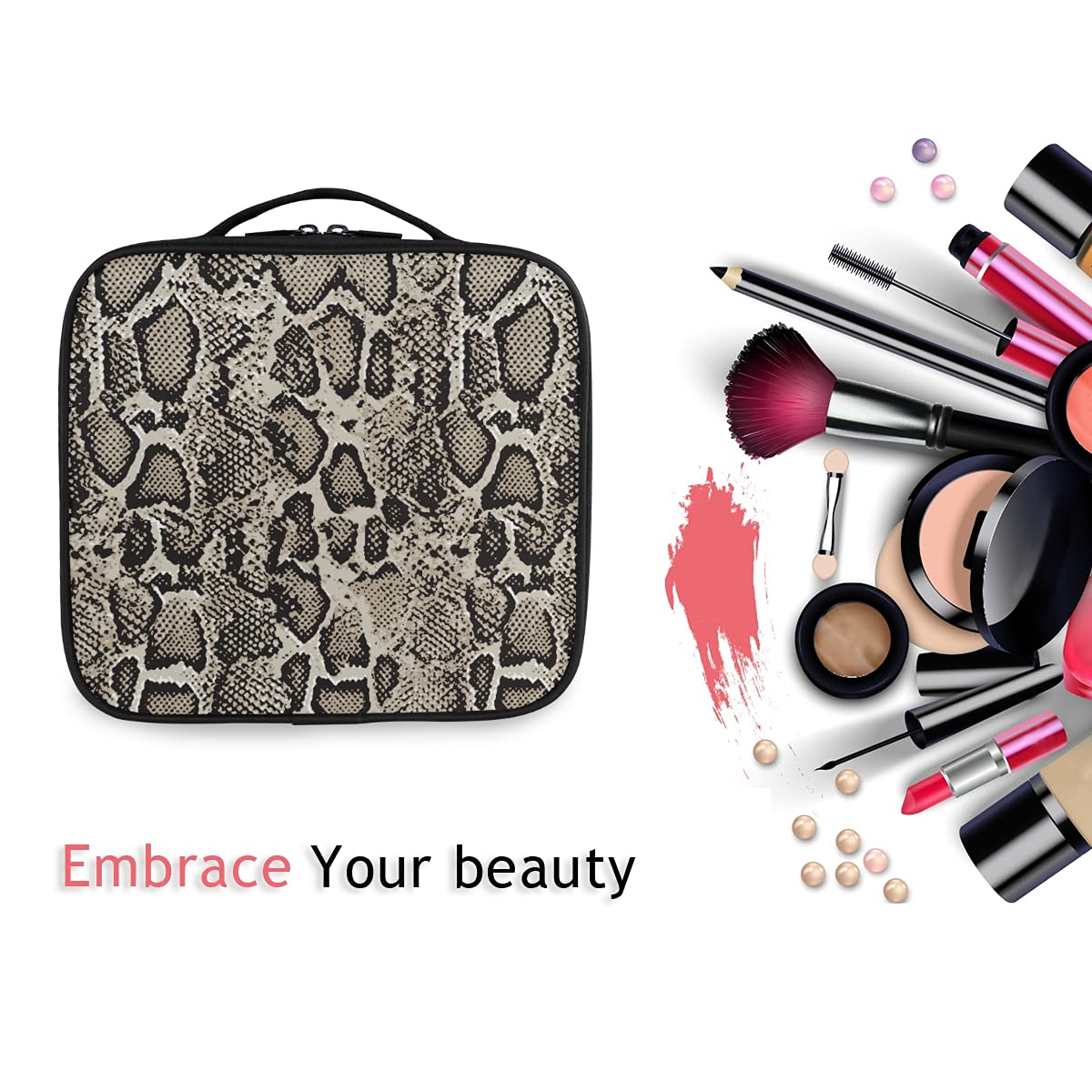 Stylish Animal Print Snake Skin Travel Makeup Case - Large Cosmetic Bag Organizer for Women | Perfect for Travel, Gym & Daily Essentials Storage