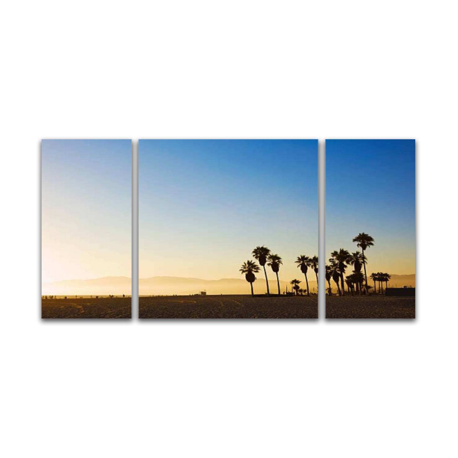 ZKFETPVOW 3 Panel Canvas Wall Art - Venice Beach California Sunset Landscape Painting, Stretched & Framed Ready to Hang - Home Decor for Living Room, Bedroom, Office | Perfect for Coastal & Beach House Themes