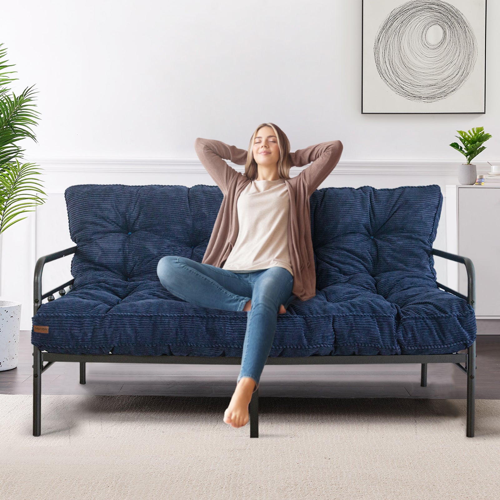 MAXYOYO 6-Inch Tufted Futon Sofa Bed - Thick Corduroy Fabric Floor Mattress for Adults (Mattress Only) Navy Blue - Perfect for Small Spaces, Guest Rooms & Dorm Rooms