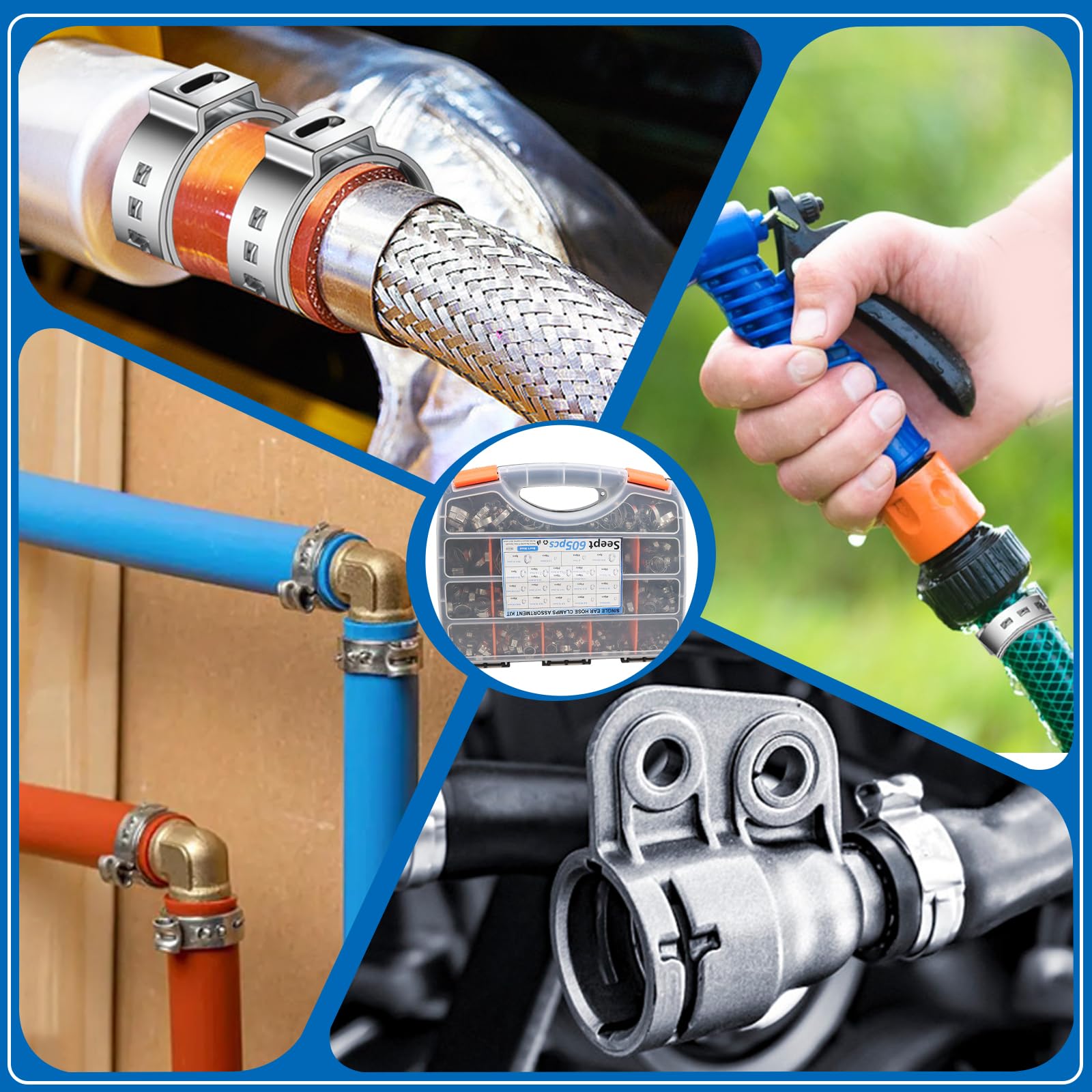 605Pcs 22 Sizes 304 Stainless Steel Single Ear Hose Clamps Assortment Kit (5.3-33.1mm) - Perfect for Automotive, Home Appliance, Water Pipe & Fuel Line - Stepless Crimp Clamps for Secure Leak-Proof Connections
