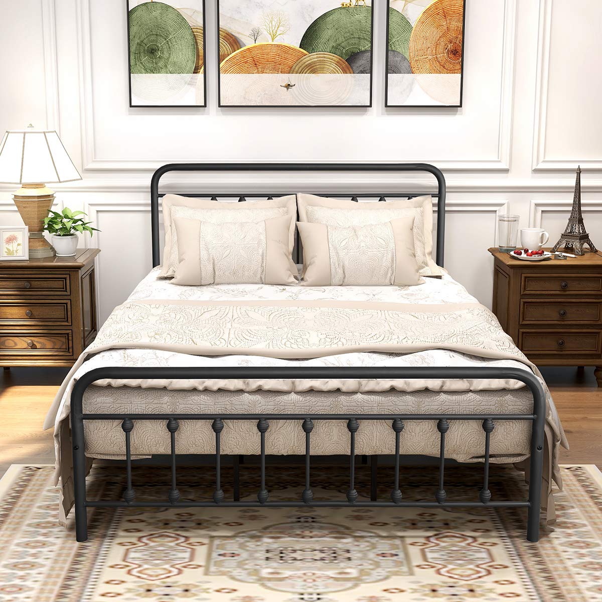 DUMEE Metal Queen Bed Frame with Headboard and Footboard - Farmhouse Style Platform Bed with Under Bed Storage, No Box Spring Needed, Textured Black - Perfect for Guest Rooms, Master Bedrooms & Small Spaces