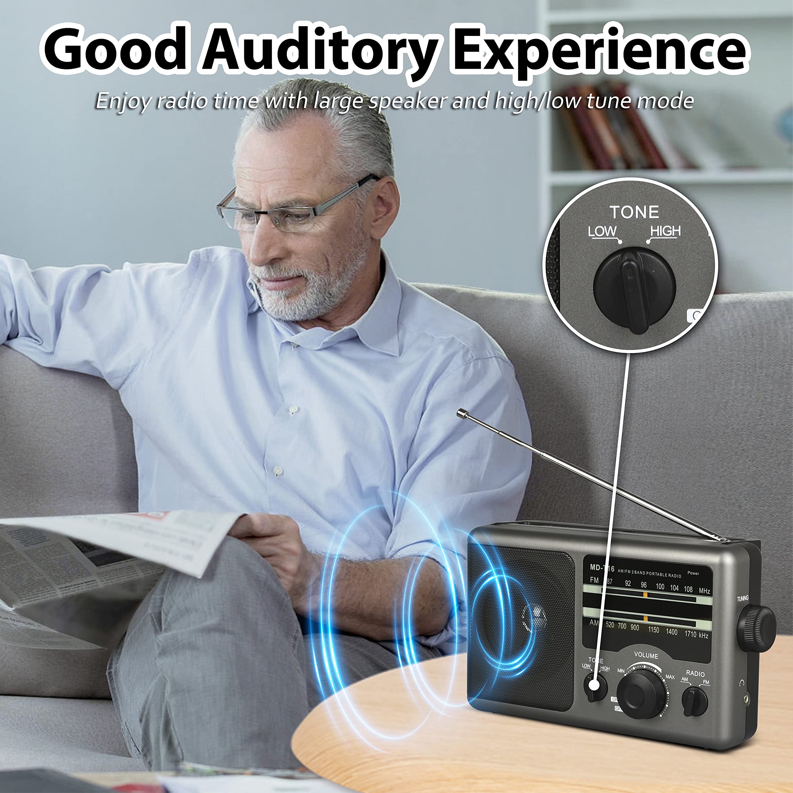 Greadio AM FM Portable Radio with 3.5mm Headphone Jack, High/Low Tone Mode, Large Speaker - Battery or AC Powered for Home, Camping, Emergency & Outdoor Use