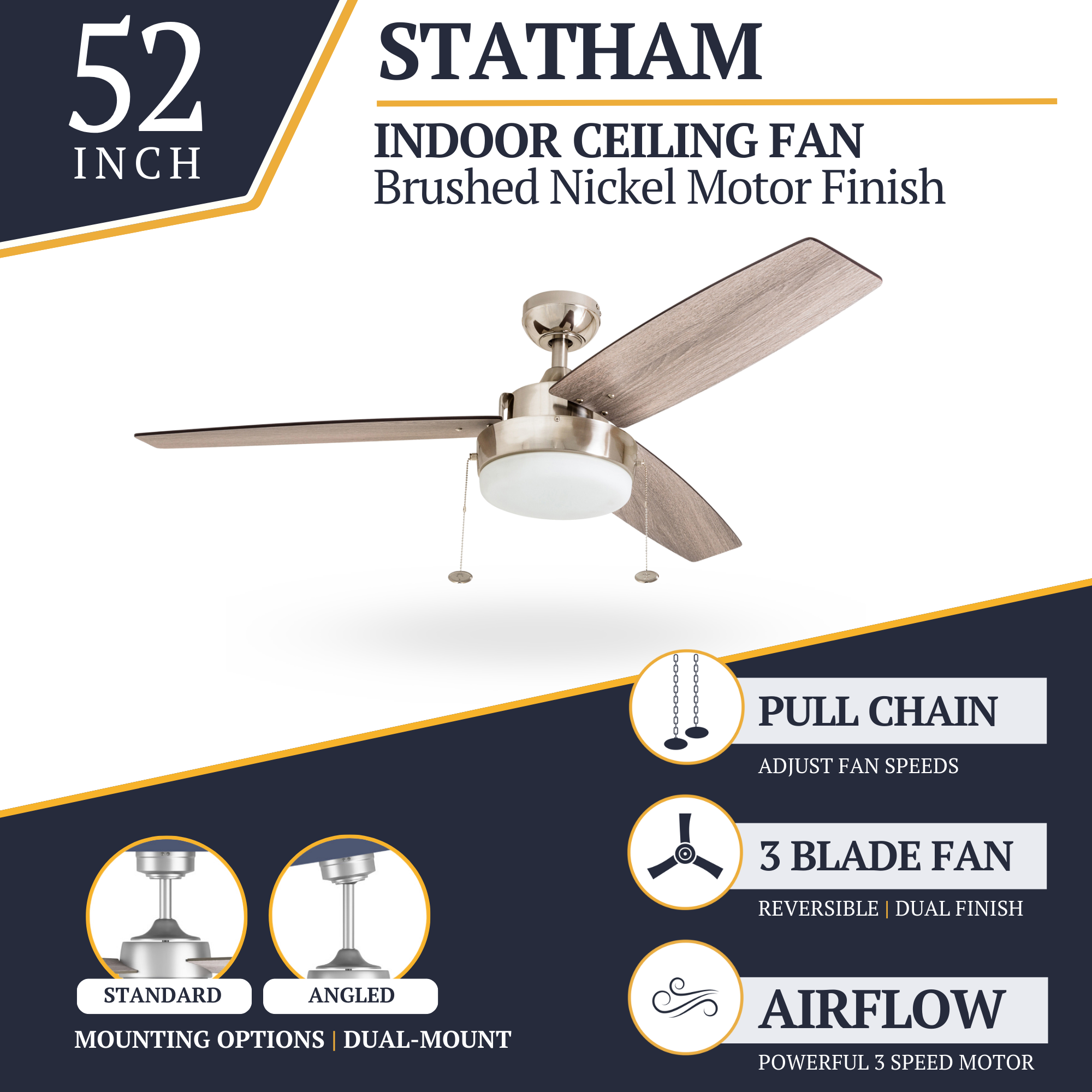 52 Inch Statham Brushed Nickel Ceiling Fan with Pull Chain - Perfect for Living Room, Bedroom, and Office Cooling & Air Circulation