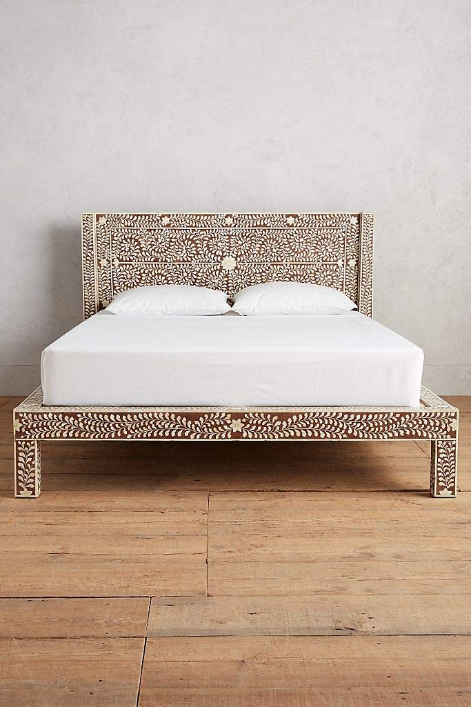 Handmade Queen Size Floral Brown Bone Inlay Bedroom Furniture - Elegant Decorative Headboard for Master Bedroom & Guest Room Decor