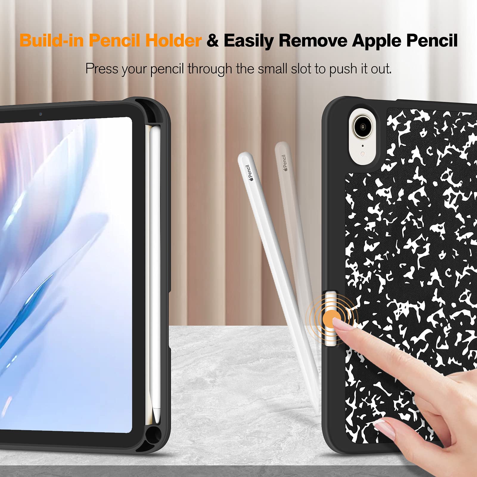 Fintie SlimShell Case for iPad Mini 7 (A17 Pro, 7th Gen 2024) & iPad Mini 6 (6th Gen 8.3 Inch) - Soft TPU Protective Stand Cover with Built-in Apple Pencil Holder | Composition Book Design | Perfect for Work, School & Travel