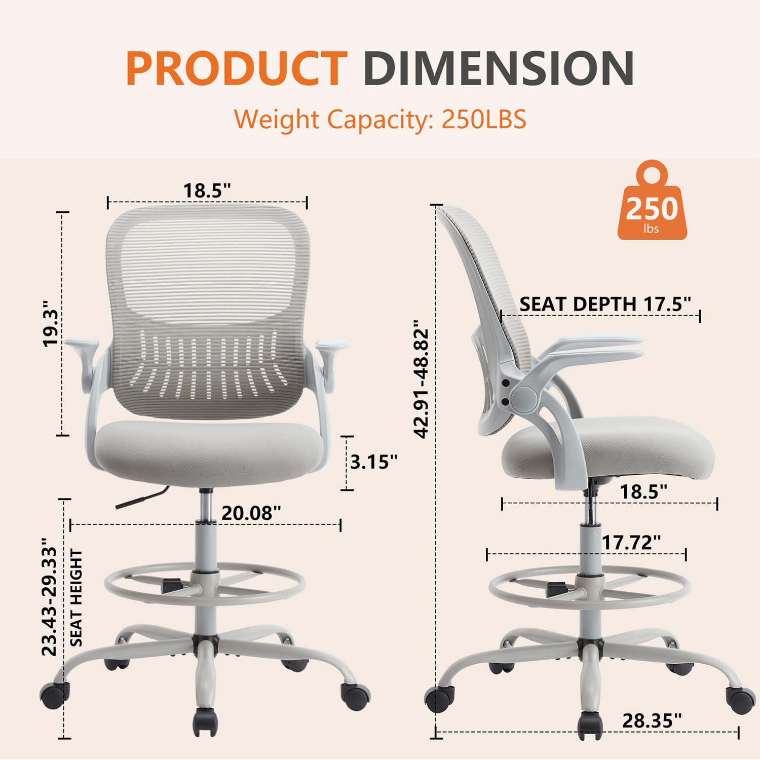 Ergonomic Drafting Chair with Flip-Up Armrests & Adjustable Footrest - High Desk Chair with Lumbar Support & Height Adjustment - Perfect for Artists, Architects & Office Workstations (Gray)
