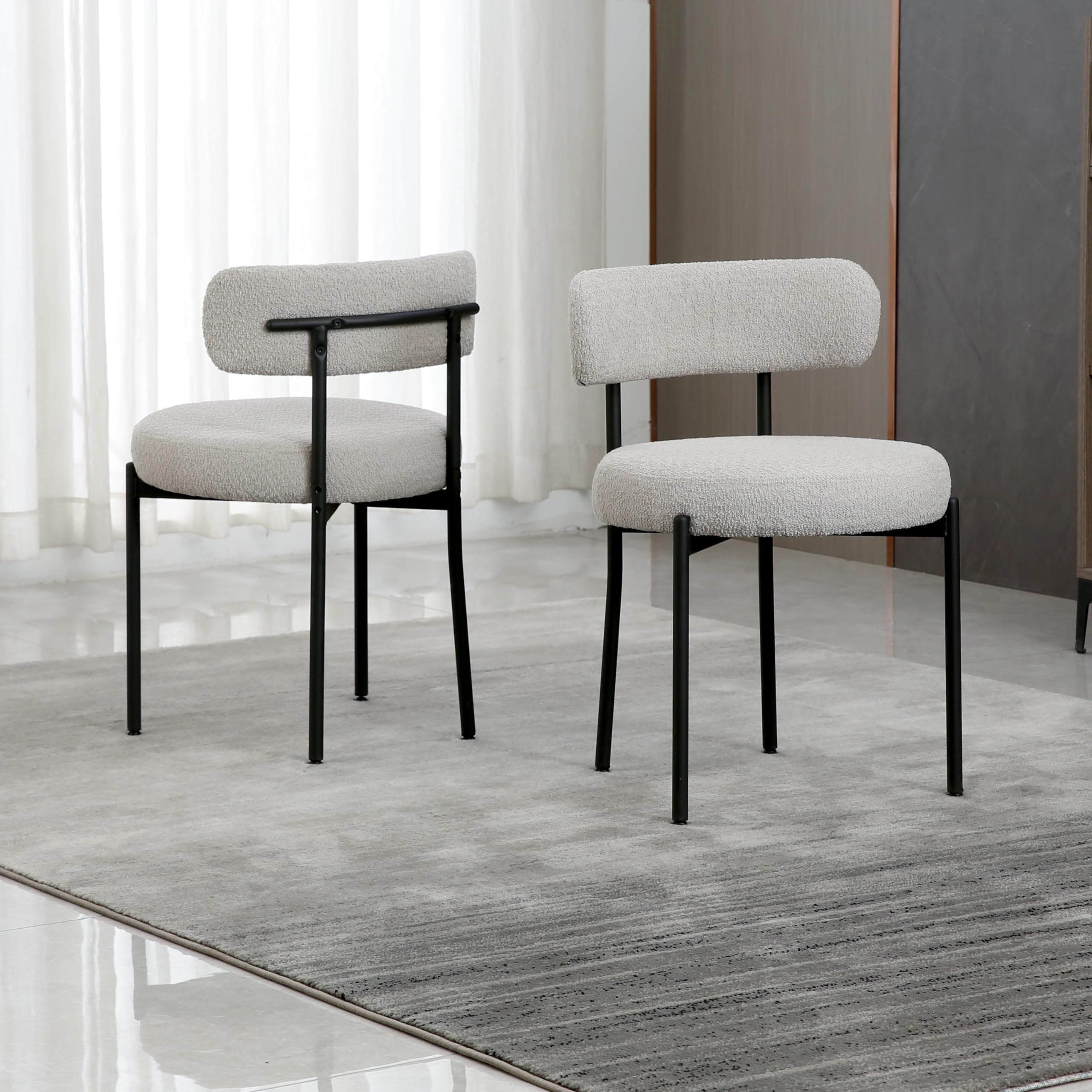 Light Grey Upholstered Boucle Dining Chairs Set of 2 - Mid-Century Modern Round Kitchen Chairs with Curved Backrest & Black Metal Legs - Perfect for Dining Room, Breakfast Nook & Small Space Decor