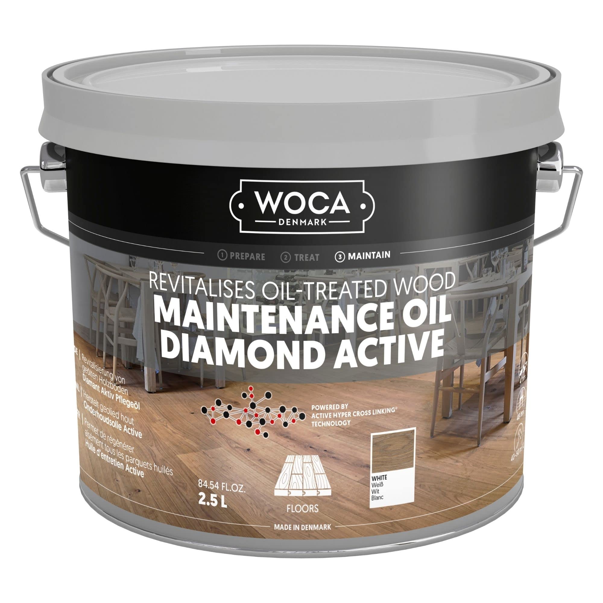 Premium WOCA Denmark Wood Floor Maintenance Oil - Diamond Active Oil for Refinishing & Protection - 2.5L (White) - Ideal for Hardwood, Engineered & Parquet Floors in Homes & Commercial Spaces