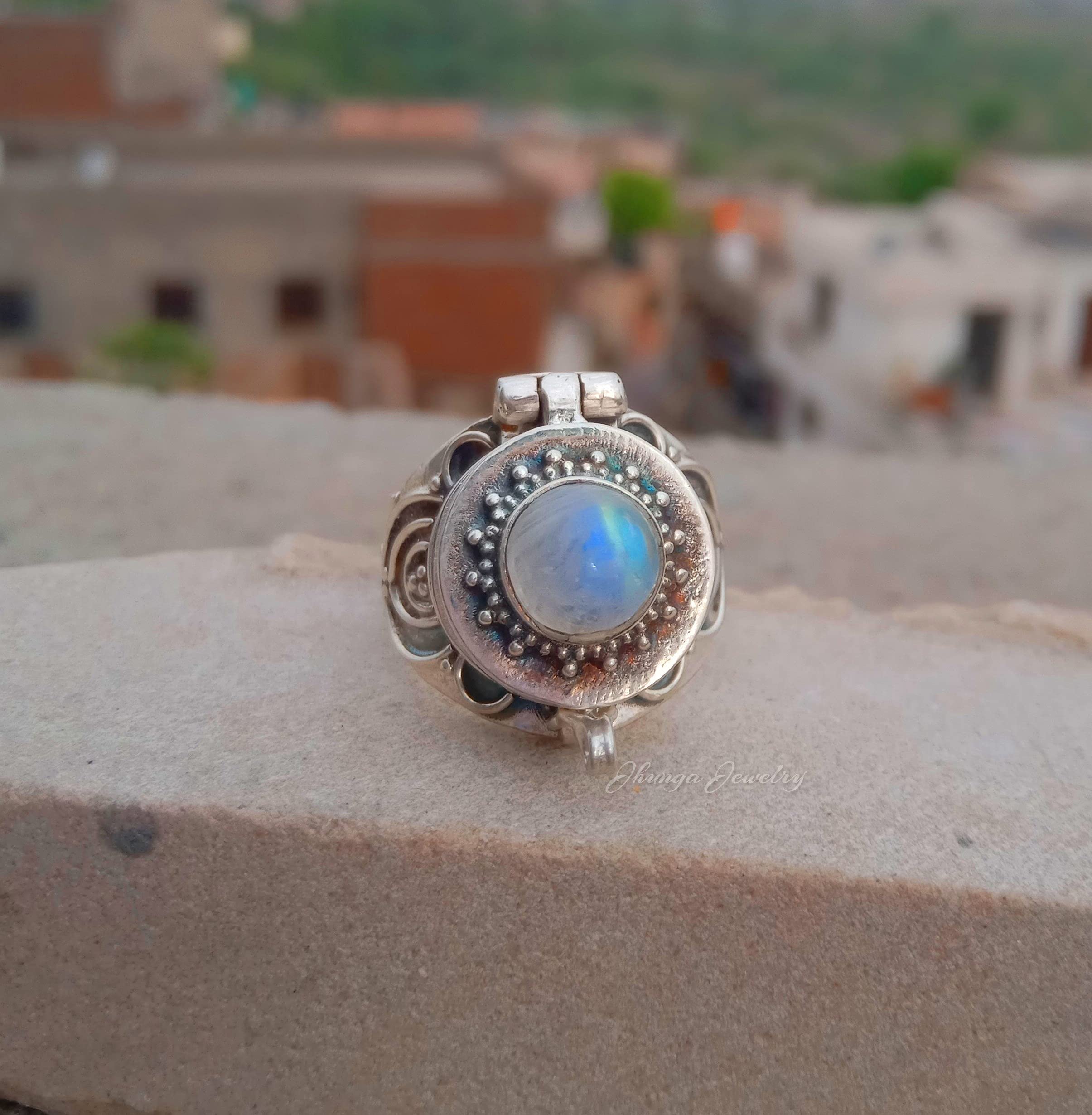 Handmade 925 Sterling Silver Rainbow Moonstone Poison Ring - Secret Box Ring with Openable Compartment for Pills, Medicine & Keepsakes | Perfect for Gothic Fashion, Cosplay & Unique Jewelry Gifts
