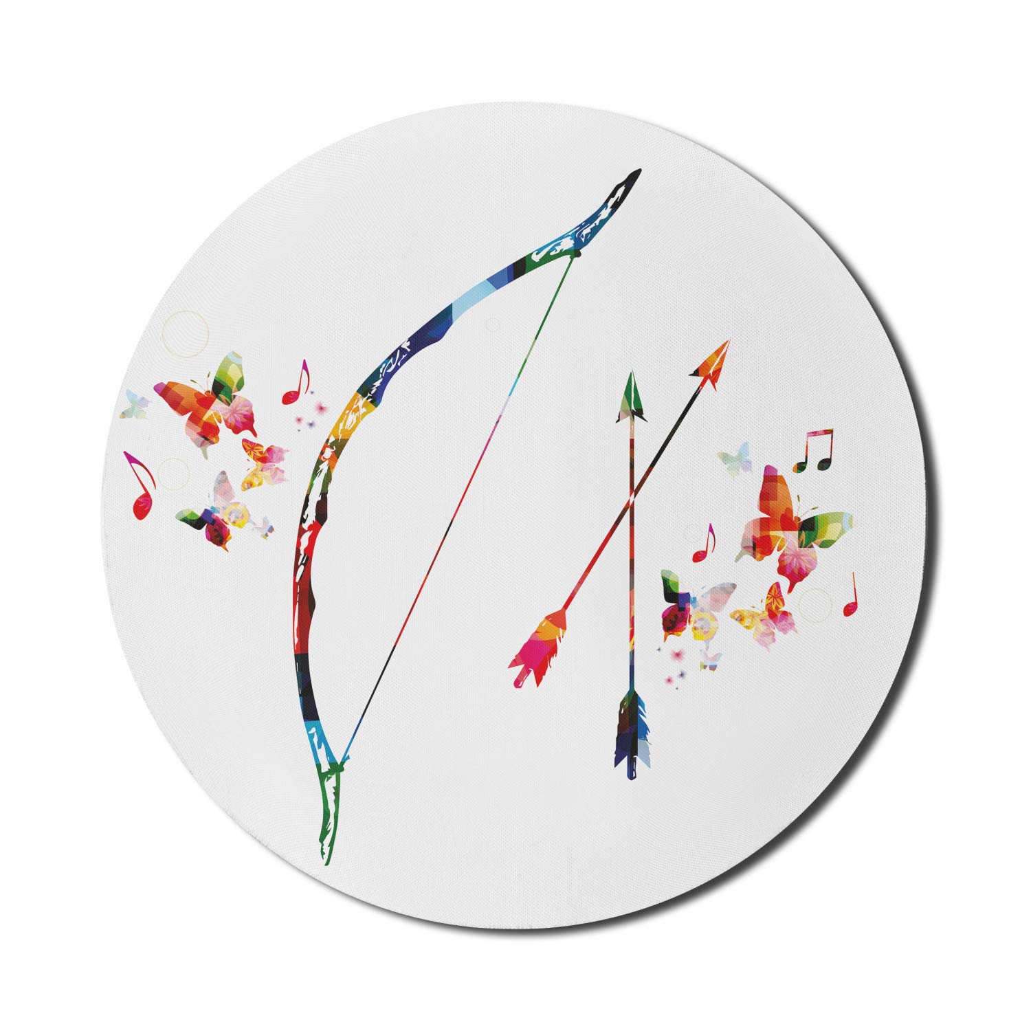 Ambesonne Modern Round Mouse Pad for Computers & Gaming - Abstract Bow & Arrow with Butterflies, Music Notes & Floral Design - Non-Slip Thick Rubber Base - 8 Inch Multicolor - Perfect for Office, Home & Gaming Setup