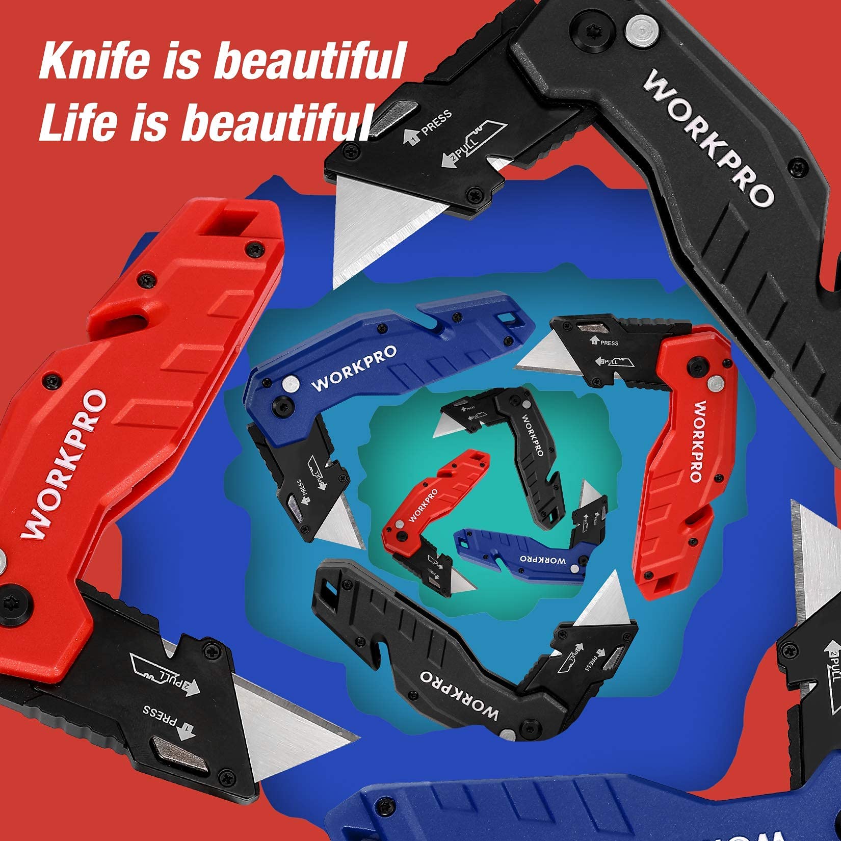 WORKPRO 100-Pack SK5 Utility Knife Blades & Folding Utility Knife Set - Heavy Duty Retractable Box Cutter for Packaging, Crafting, and DIY Projects