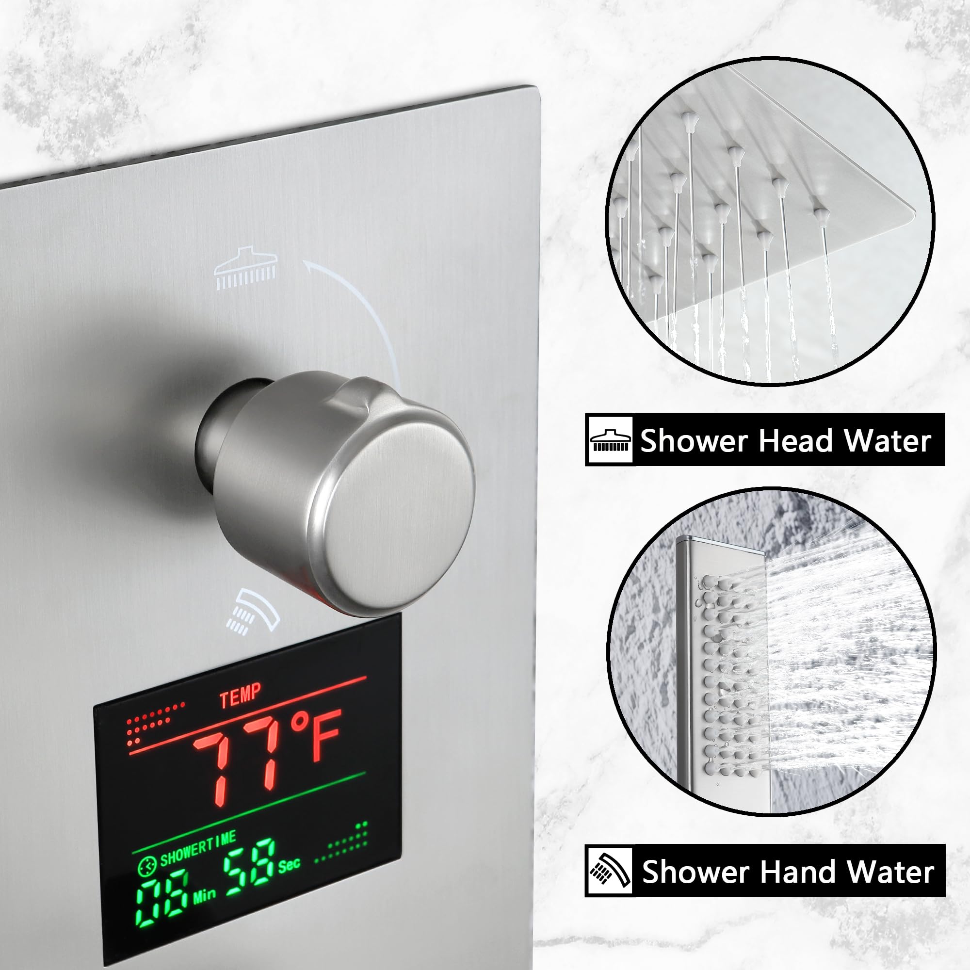 SKWOLL Brushed Nickel Shower Faucet Set - 12 Inch Ceiling Mount Rain Shower Head with Digital LCD Display & 2-Function Valve Kit | Modern Bathroom Upgrade for Spa-Like Experience