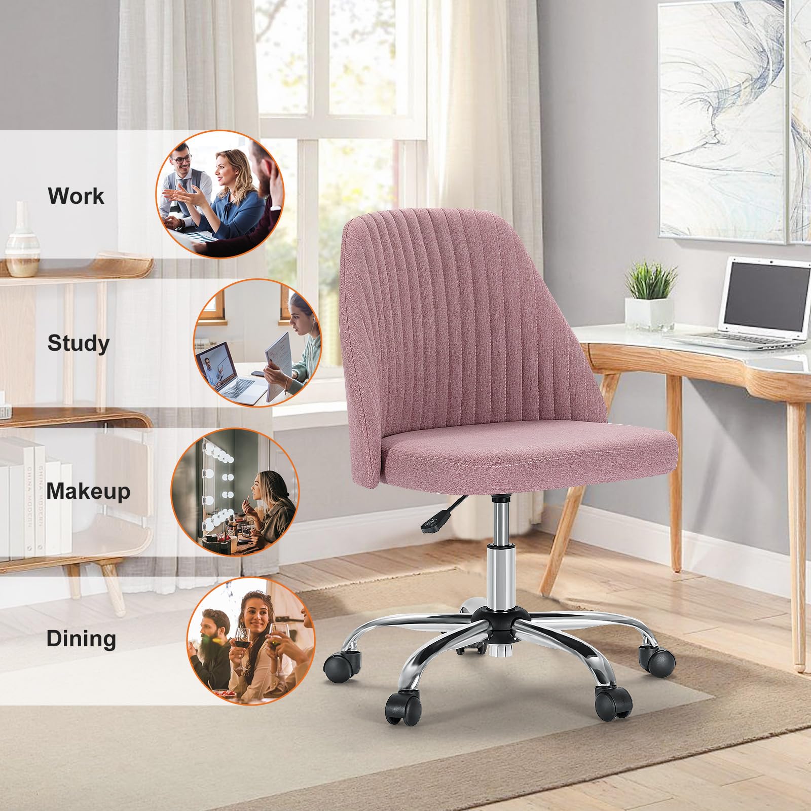 Sweetcrispy Armless Office Chair - Modern Fabric Adjustable Swivel Task Chair with Wheels for Home Office, Computer Desk & Small Spaces | Perfect for Compact Workspaces, Gaming & Vanity Areas