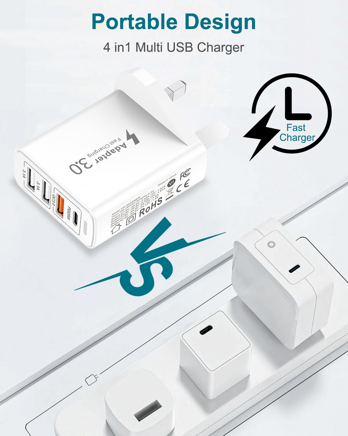 40W 4-Port USB C Fast Charger with PD&QC3.0 - UK Wall Plug Adapter for iPhone 15/14/13/12/11 Pro Max, iPad, Samsung Galaxy - Perfect for Home, Office & Travel Charging Needs